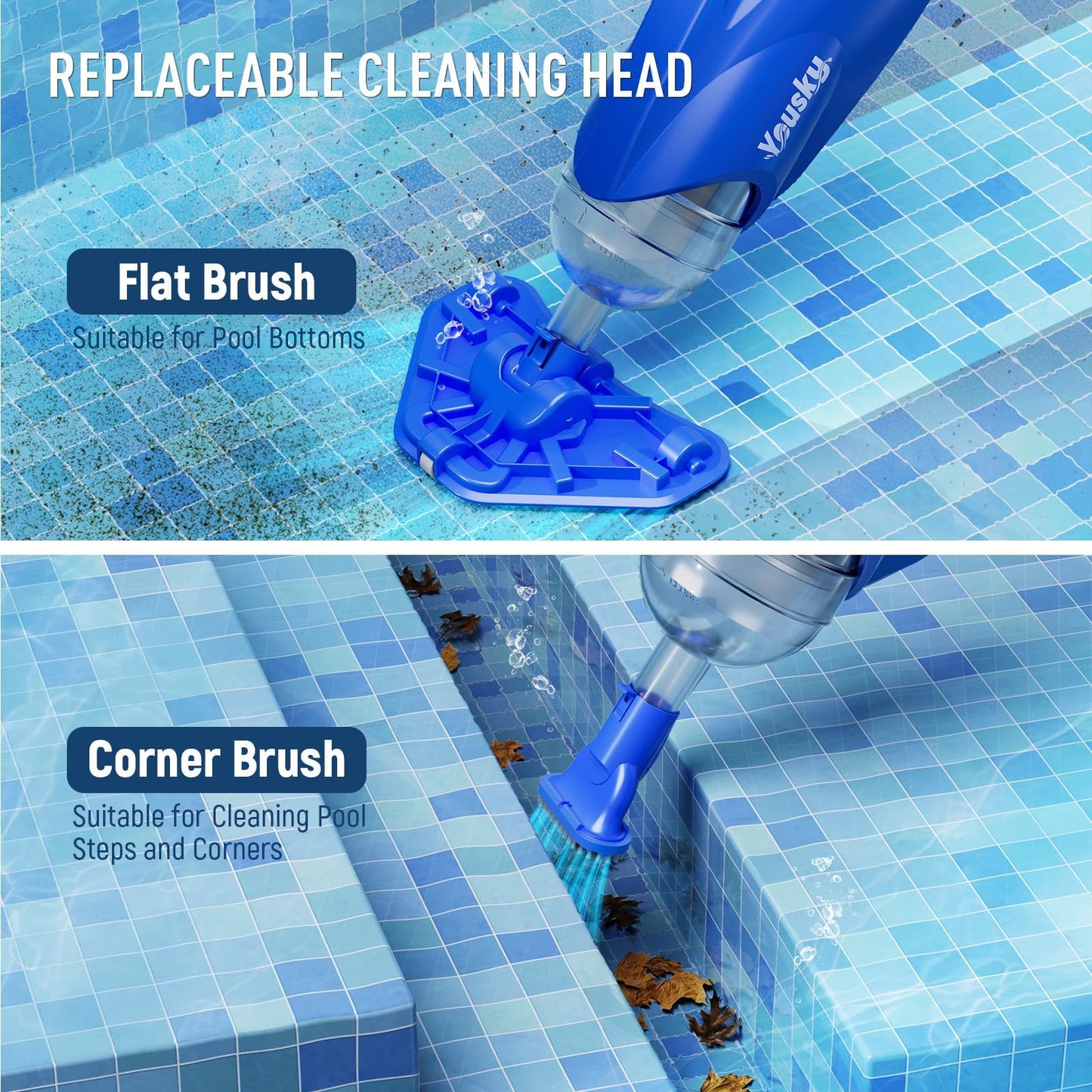 Pool Vacuum for Above Ground Pool 18.5GPM Suction- Upgraded Cordless Handheld Rechargeable Pool Cleaner w/Telescopic Pole(20-69in), 2 Brush Heads Ideal for Inground Pools Spas Hot Tubs