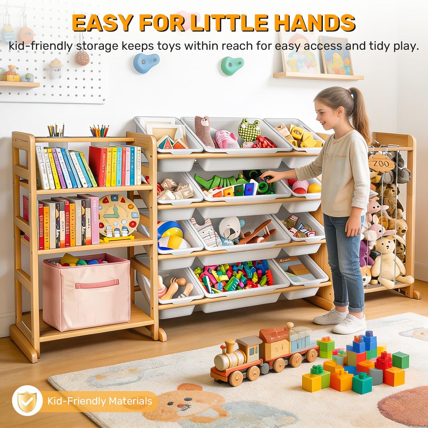 Yazzropt 65" Large Toy Storage Organizer with Bins Shelves & Stuffed Animal Storage for Kids Wood Toddler Playroom Organization with Bookshelf Toys Box Wooden Organizers for Kids Room Nursery Bedroom