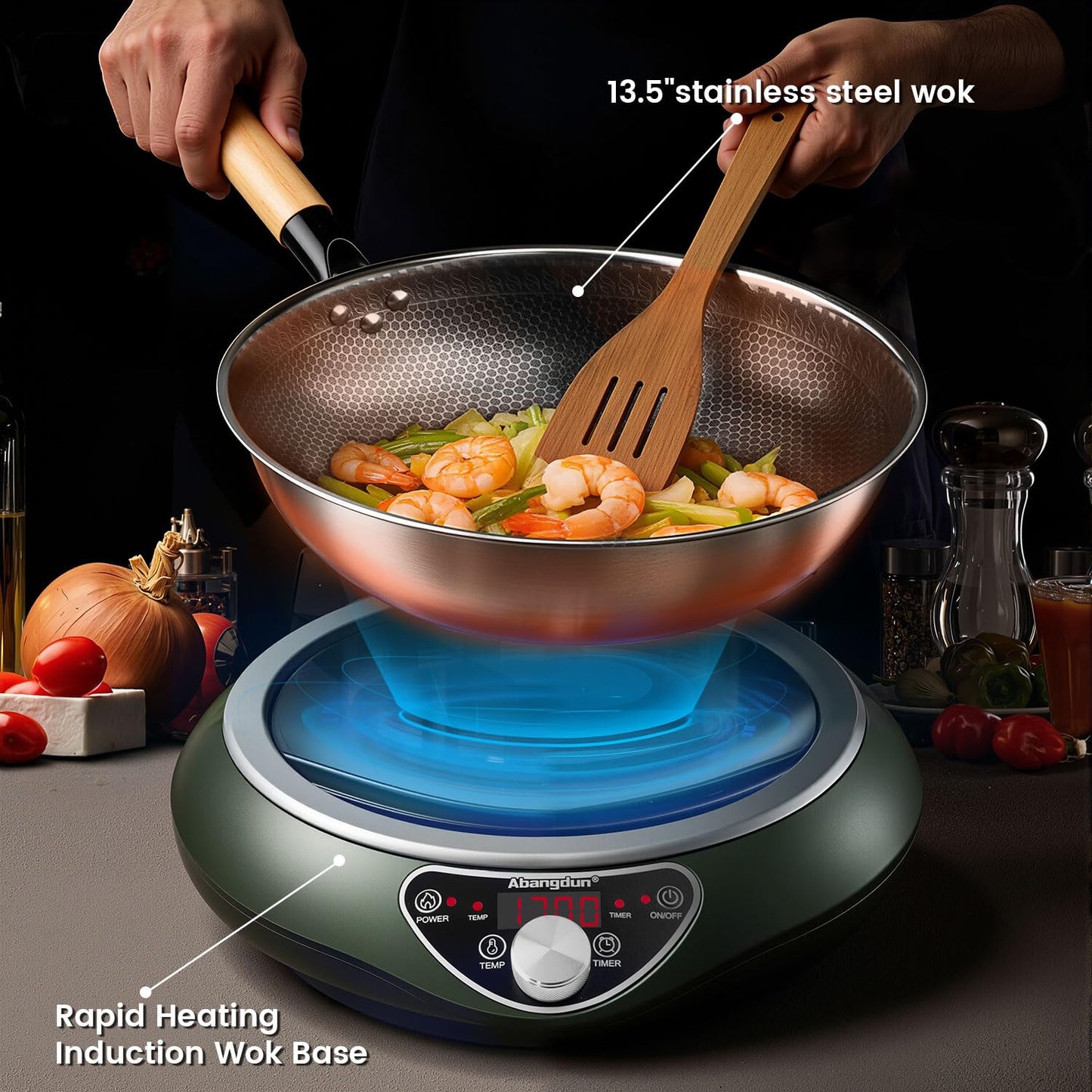 Abangdun Concave Induction Wok Cooktop 1700W 120V – Continuous Non-Pulsed Heating Stir Fry Burner for Asian Cooking, Stainless Steel Wok Induction Burner for Round Bottom Woks