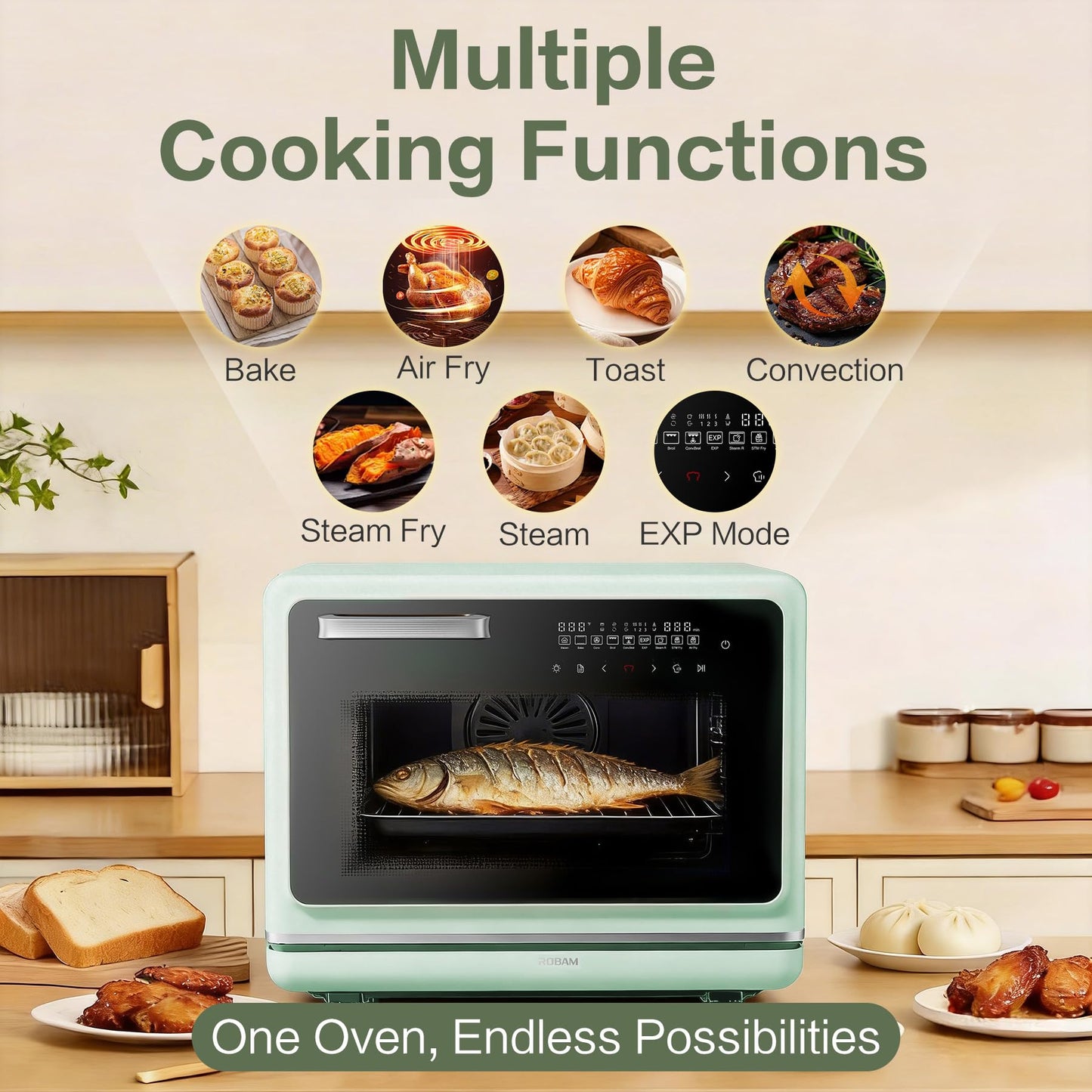 ROBAM Toaster Air Fryer Steam Oven Combo, Countertop Convection Cooker with Fry & Bake, 1.2 Cu.Ft Large Capacity Combi Oven, Smart Touch Precise Temp Control, Multi-Stage, 32 Preset Recipes (Green)