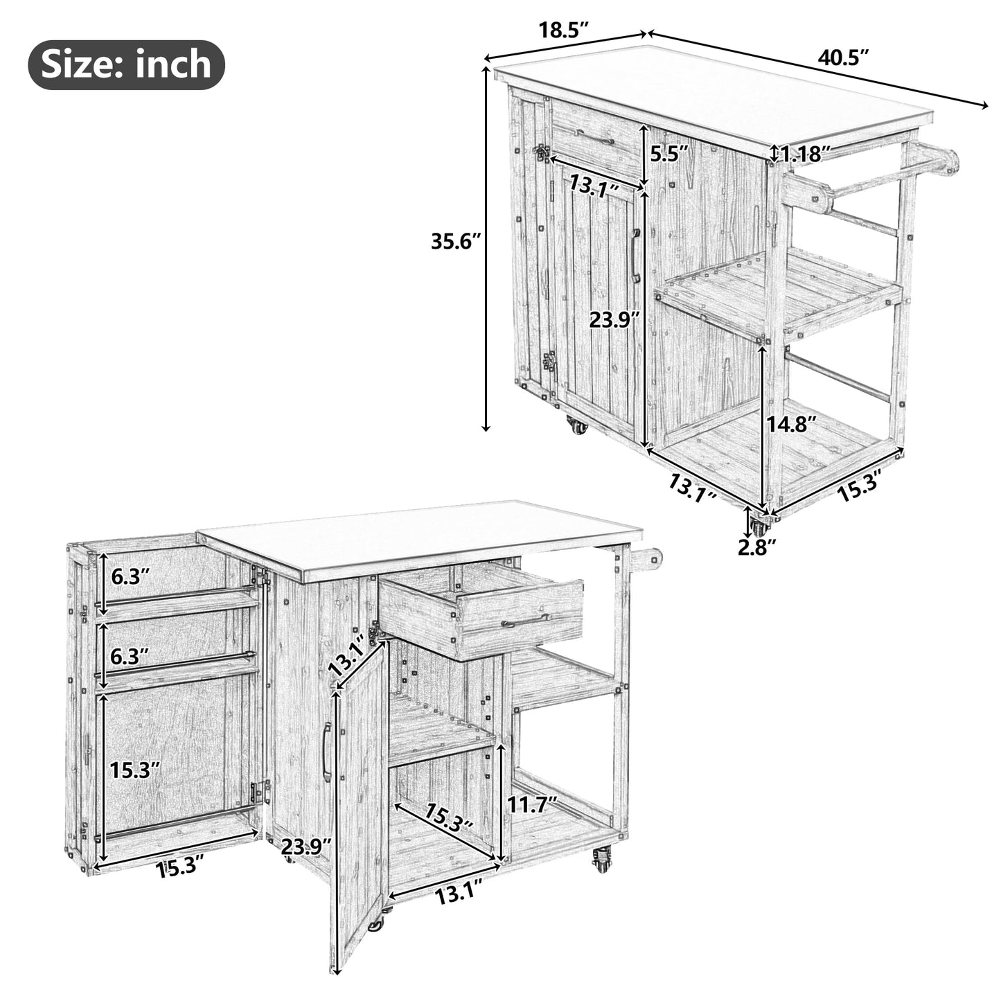 Merax 40.5" Outdoor Grill Cart Table with Storage Cabinet & Stainless Steel Top, Fir Wood Outdoor Kitchen Island on Lockable Wheels, Built-in Towel & Spice Racks for Patio BBQ Food Prep, White