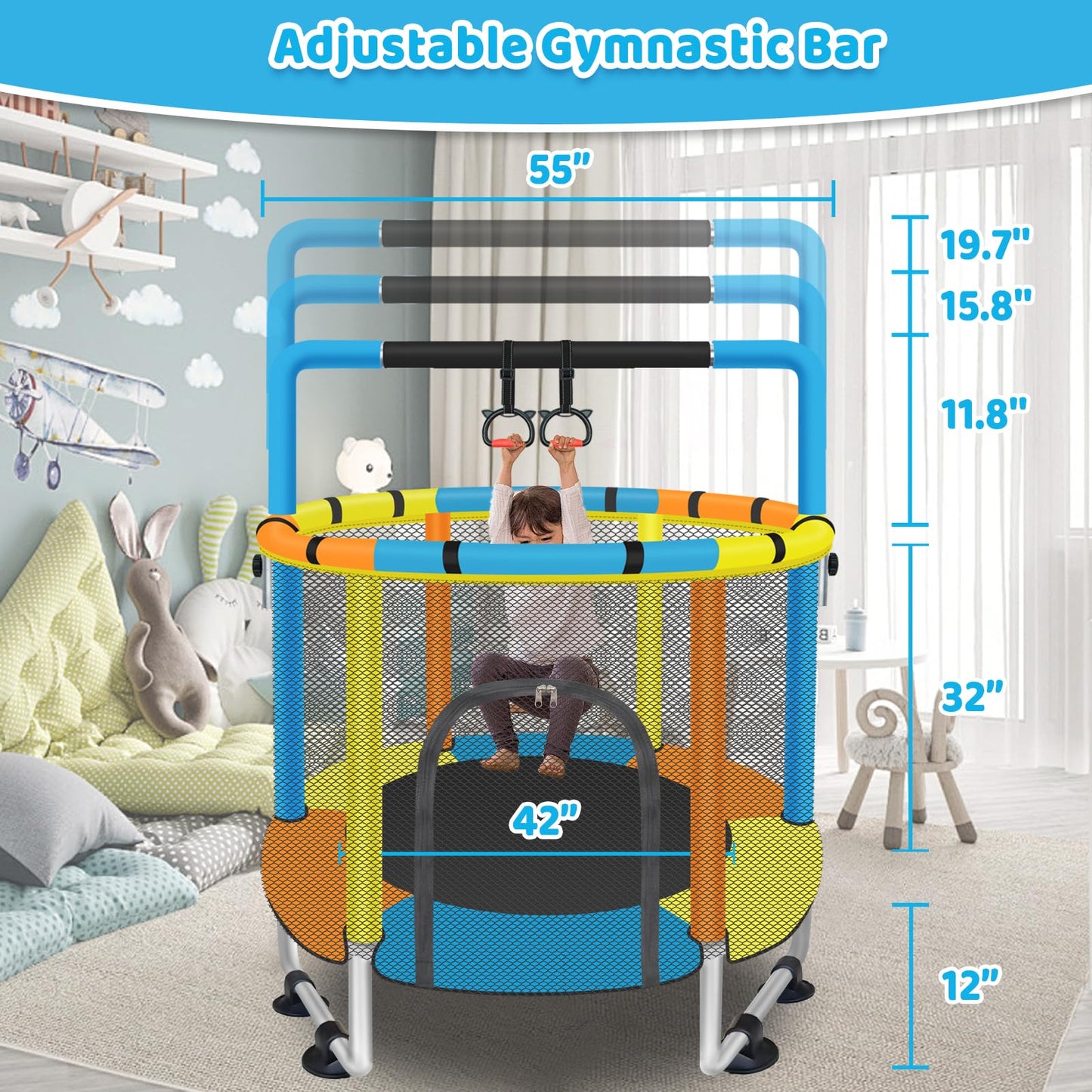 Toddler Trampoline for Kids Ages 1-8, 55'' Small Trampoline with Safety Enclosure Net & Adjustable Gymnastics Bar, Indoor & Outdoor Baby Mini Trampolines, Birthday Gifts for Children & Boys & Girls