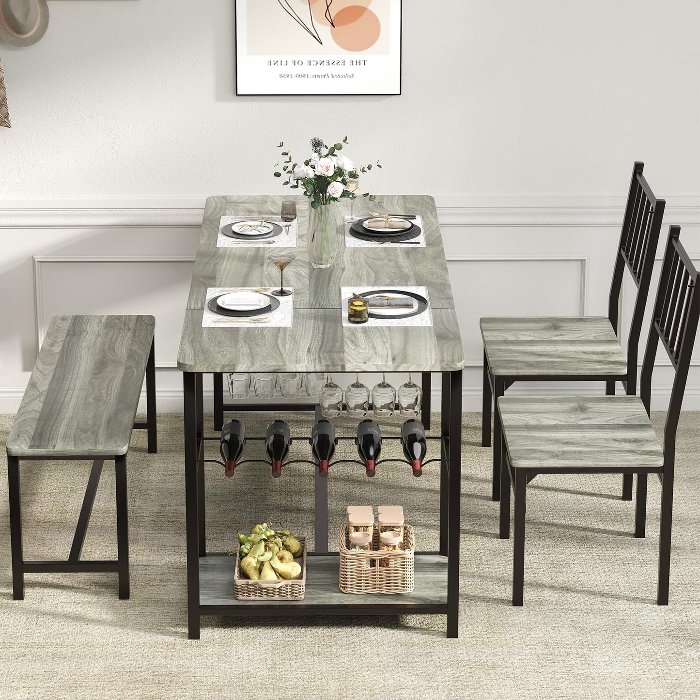 4 EVER WINNER Dining Table Set for 4, 55" Kitchen Table Set with Storage Shelf, Wine Rack & Wine Glasses Holder, Breakfast Table Set for 4 with Chairs and Bench for Dining Room, Kitchen, Wash Grey