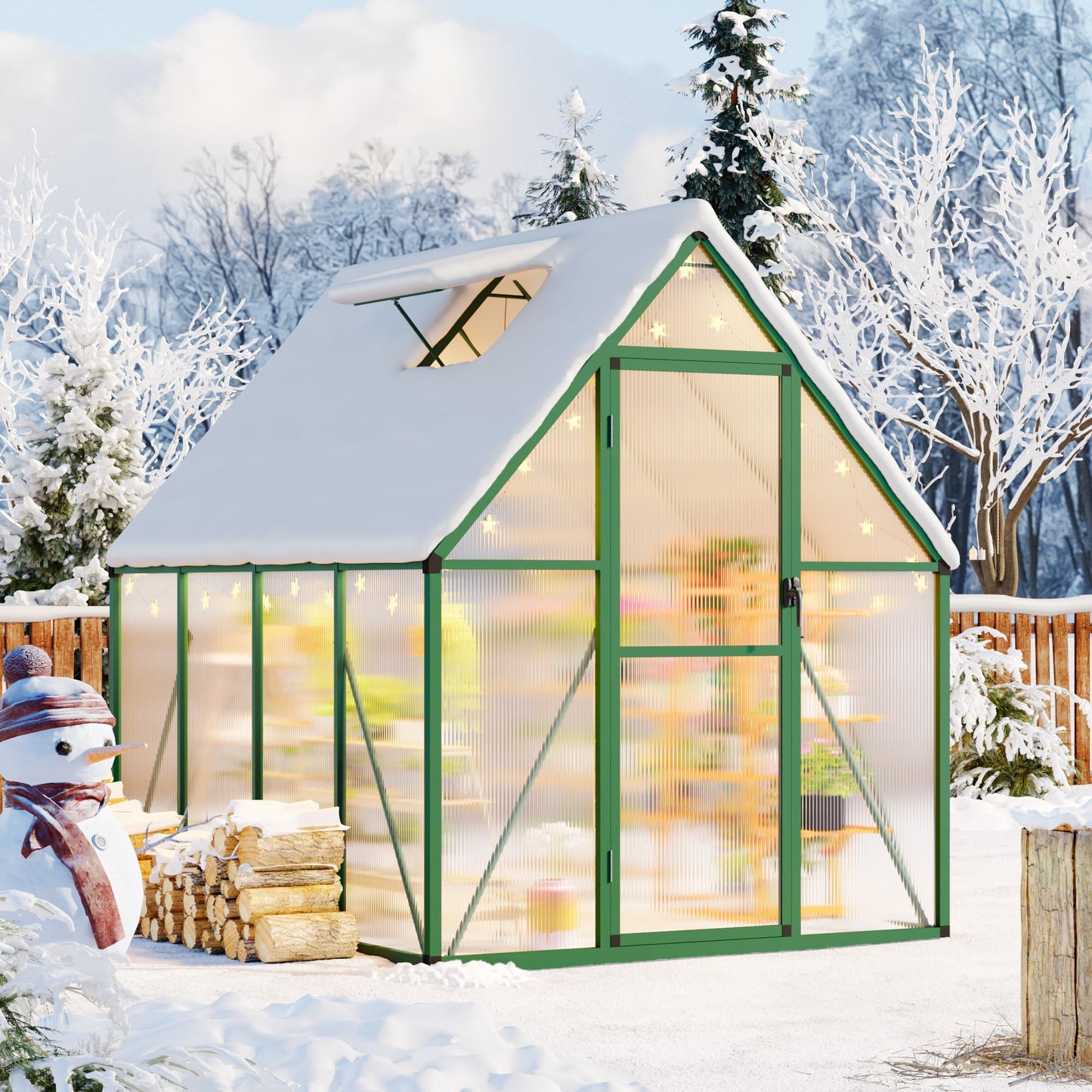 CABIHOME 6x7 FT Outdoor Greenhouse, Polycarbonate Greenhouse with Roof Vent and Ground Nails, Aluminum Large Walk-in Green House w/ Lockable Push Door for Outside Garden Backyard (Green, 6x7 FT)