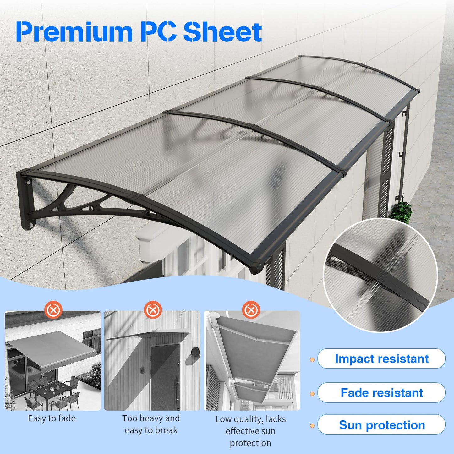 Awning for Door Entrance,40X120 Inches Awnings for Doors,Window Awning Canopy Exterior with Plastic Steel Bracket,Polycarbonate Cover,UV,Rain,Snow Protection for Porch,Patio,Deck