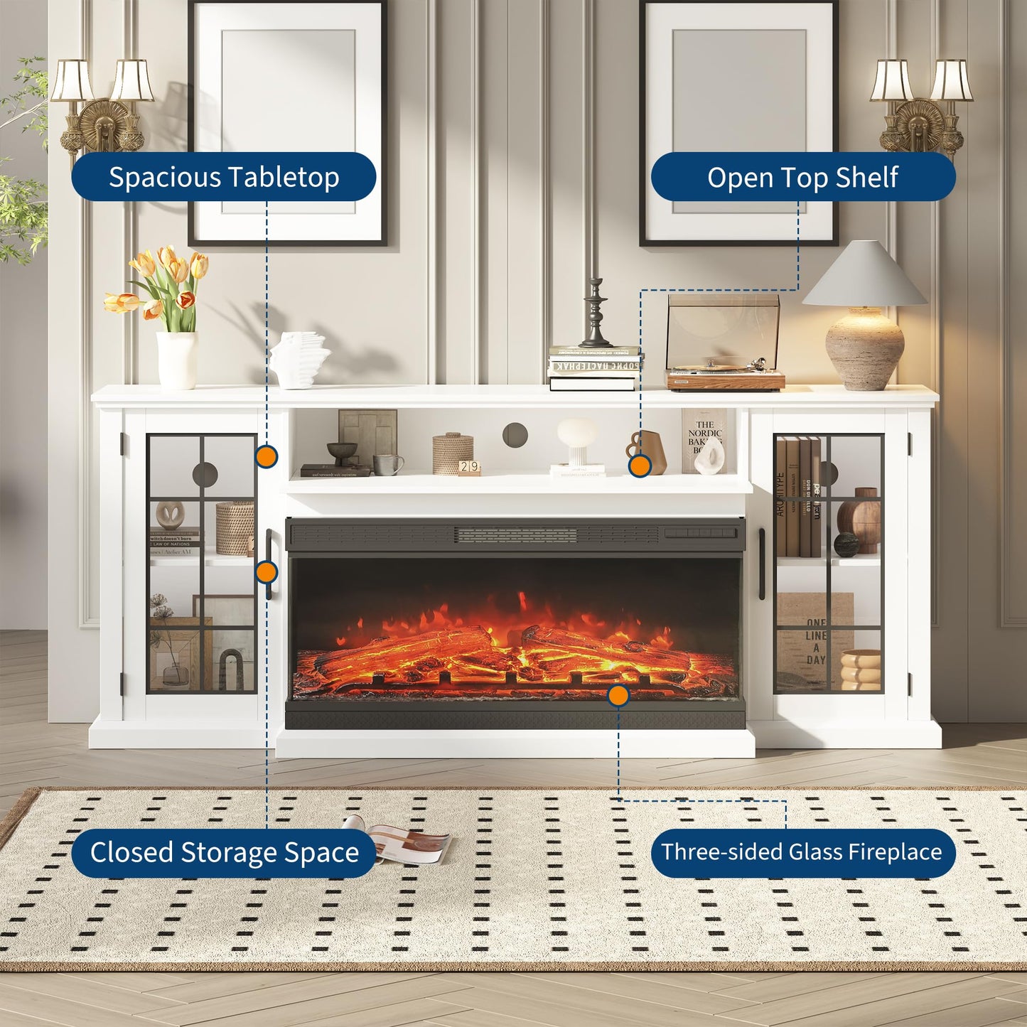 PeakPursuit Fireplace TV Stand, 75'' TV Stand with Fireplace, 40'' Electric Fireplace Insert with Realistic 3D Flame Effect and LED Lights, Entertainment Center with Fireplace, White
