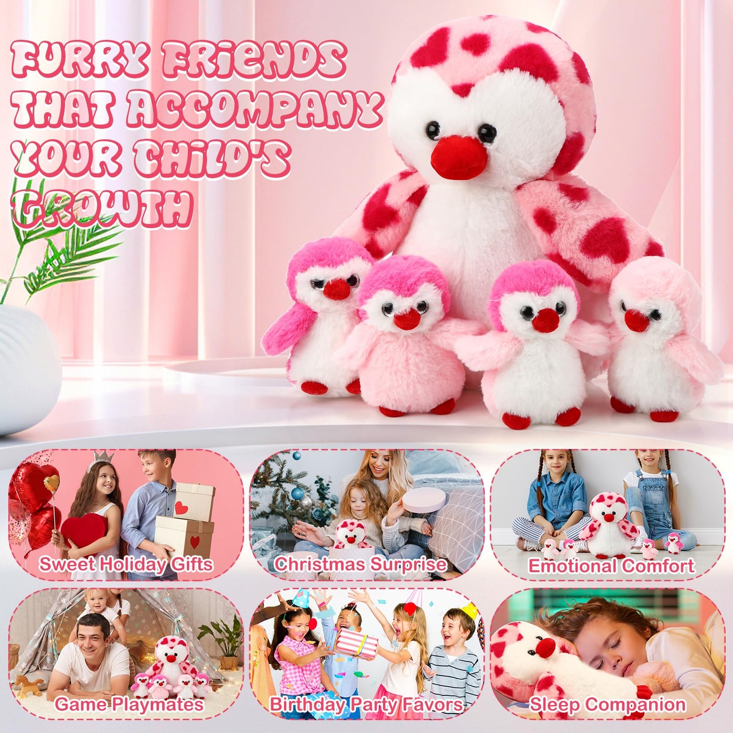 Harrycle 5 Pcs Penguin Plush Toy Set 14 Inch Mommy Penguin Stuffed Animal with 4 Cute Babies in Zippered Belly Soft Cuddly Plushie for Kids Birthday Gifts Party Favors(Heart Style)
