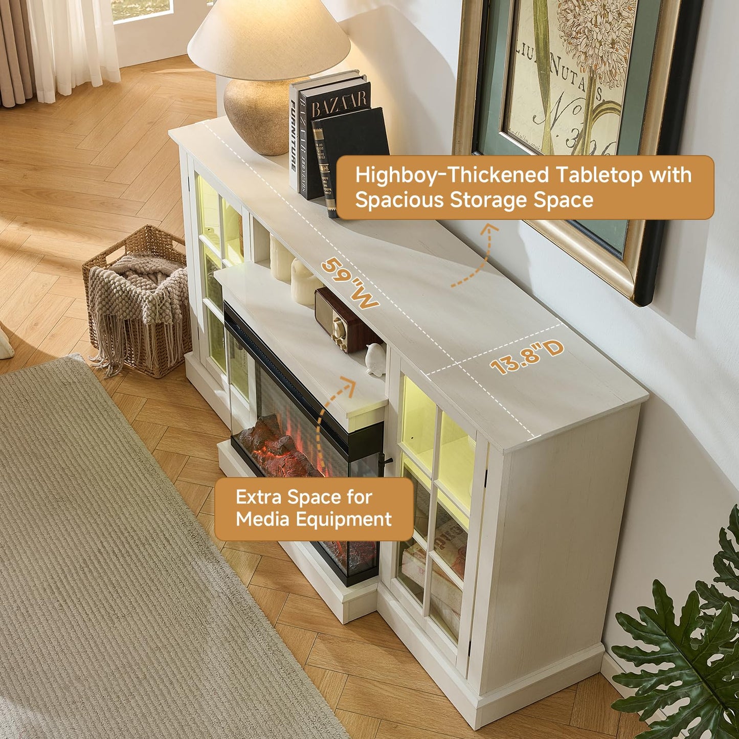ROCKPOINT 3 Sided Glass 59" Fireplace TV Stand for TVs up to 65inch, Media Entertainment Center with Storage Cabinet,24" Electric Fireplace with LED Light and Flame Colors, White