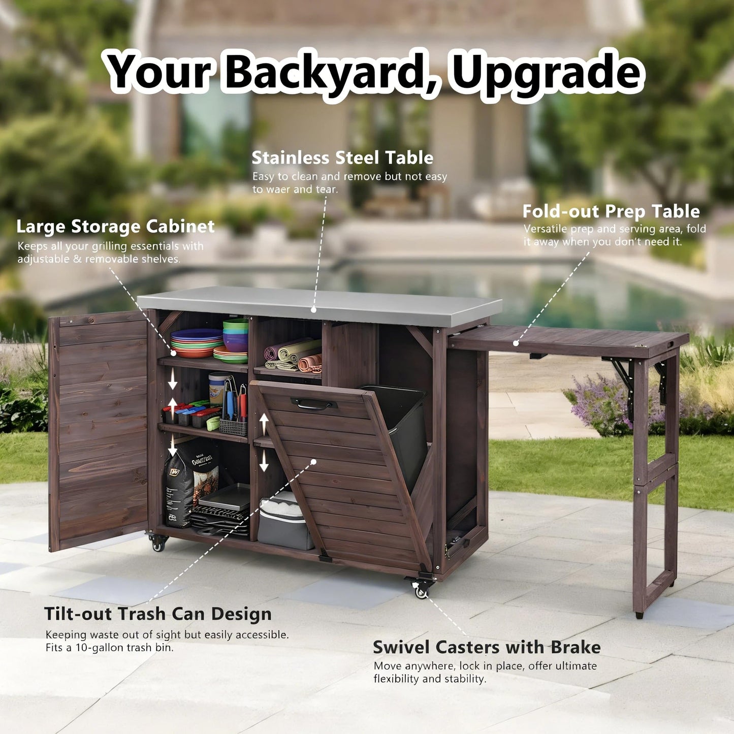 Trygoal 78.2" Outdoor Kitchen Island with Foldable Grill Table & Stainless Steel Top, Rolling Kitchen Cart with Trash Can Storage, Multifunctional Outdoor Grill Table for Lawn & Garden, Dark Brown
