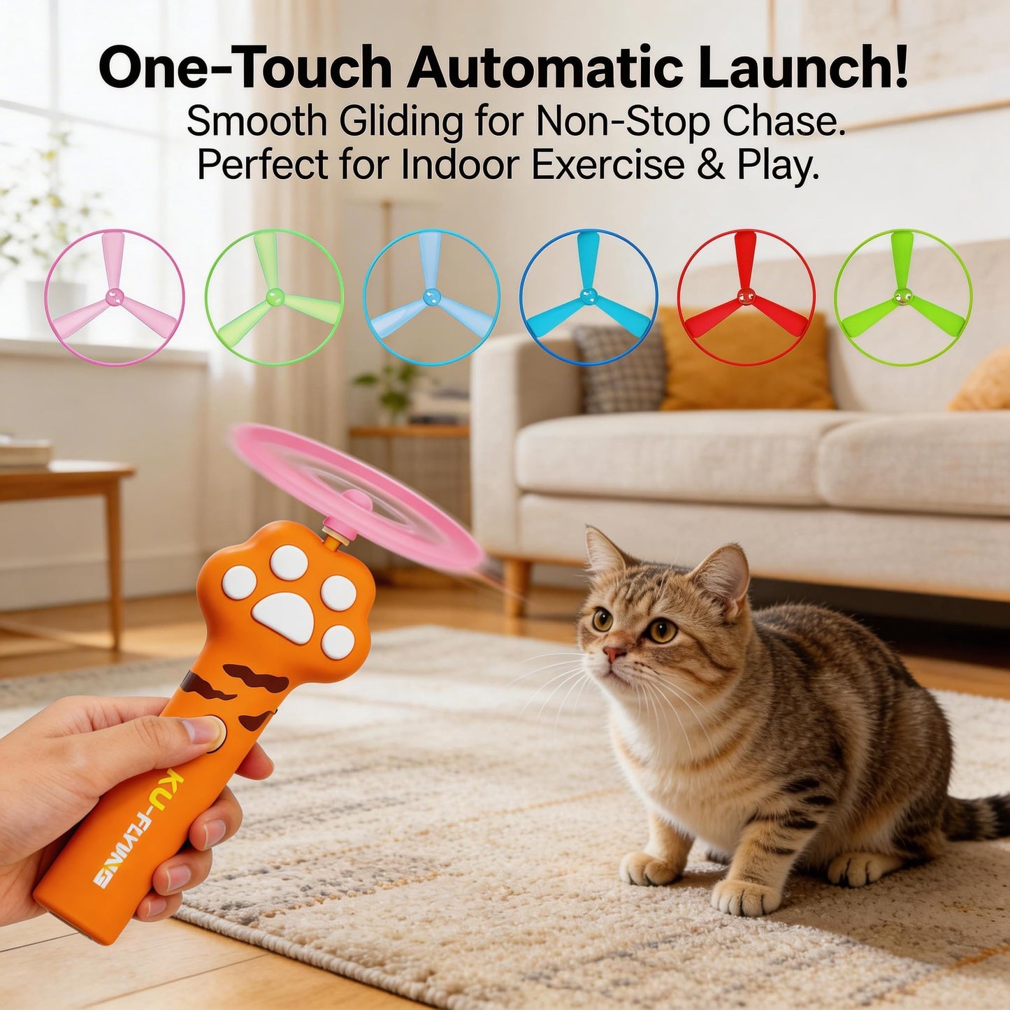 Cat Fetch Toy Launcher,Flying Disc Launcher Toy Rechargeable with 10 Flying Discs,Flying Cat Toy Disc Launcher for Kitten Dog Playing Interactive Hunting Tracking Toys for Outdoor Indoor,Orange
