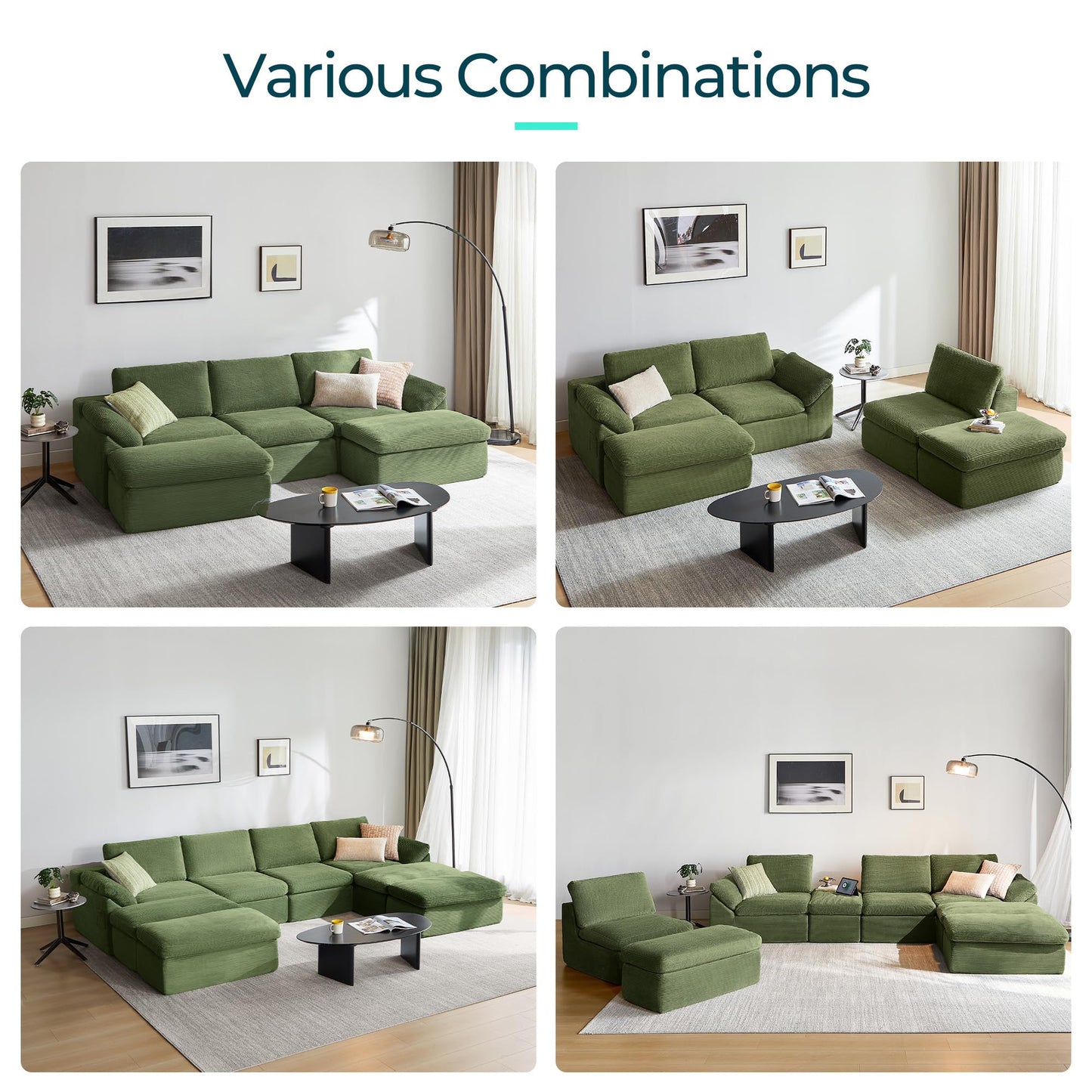 LINSY HOME 109" Modular Couch Modern Boneless Cloud Couch, U Shaped Sofa with Movable Ottomans, Deep Seat Corduroy Sectional Couches for Living Room, Apartment, No Assembly Required, Green