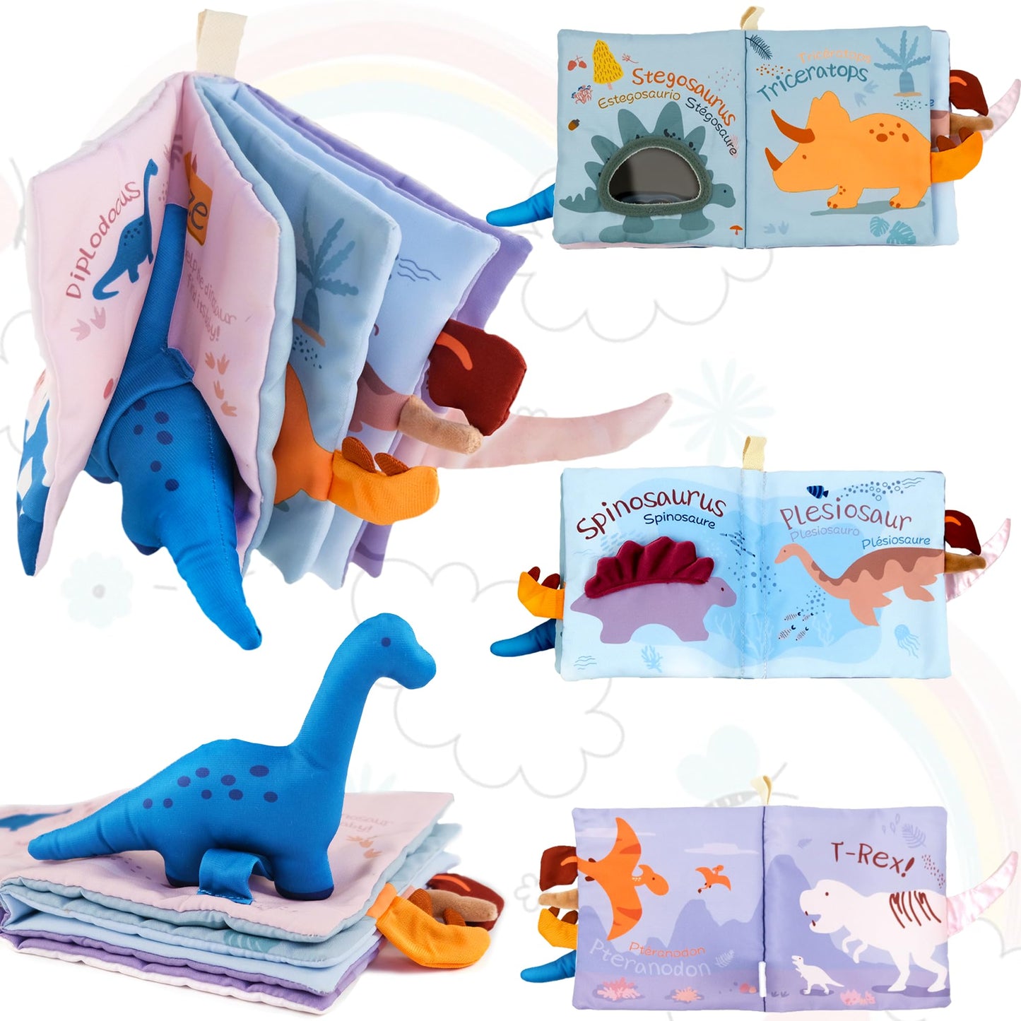 Richgv Baby Books Toys 0-6-12 Months, Baby Boy Gifts Touch and Feel Crinkle Books with Dino Doll, Newborn Infant Carseat Toys 6-9-12 Months Shower Gifts Easter Basket Stuffers