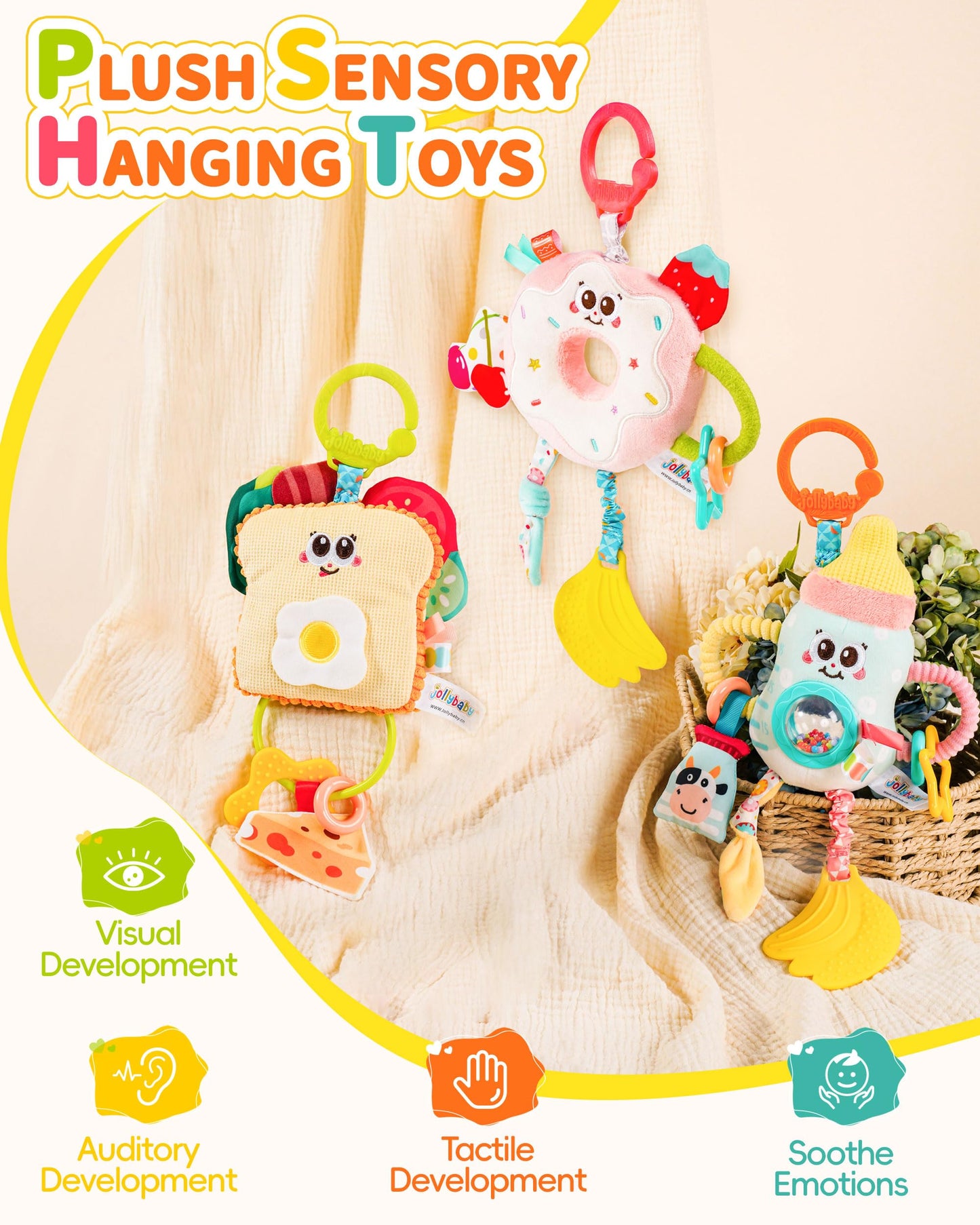 Jollybaby Baby Pull Vibration Toy - Tummy Time Sensory Hanging Toys for Car Seat, Stroller, Crib & Play Gym, with Babies Rattles & Teether, Airplane Travel Toys for Toddlers Gift - Donut