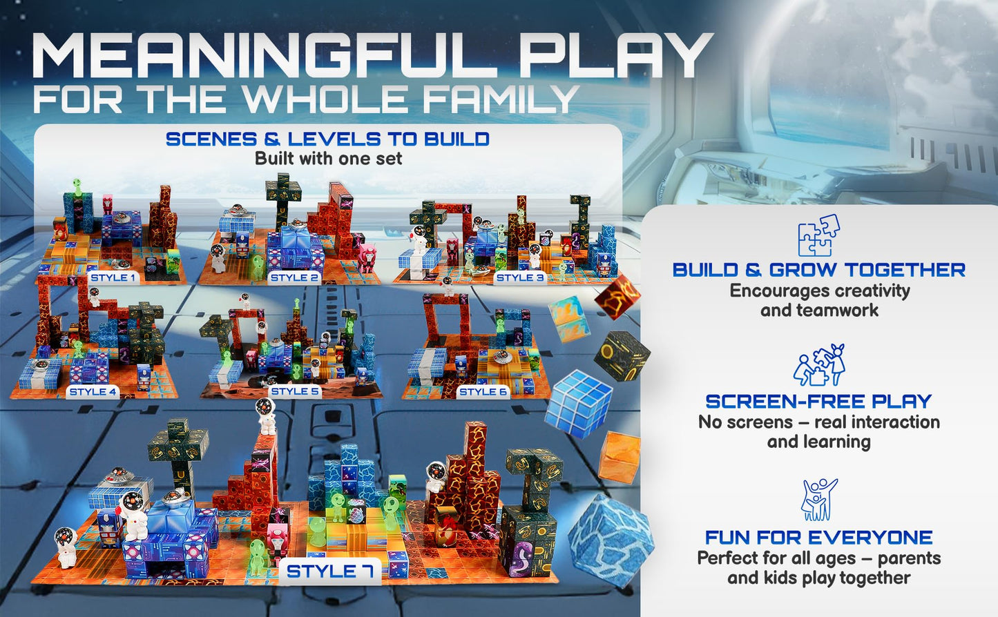 PLAYIQ 181-Piece Magnetic Building Blocks Set – STEM Toys for Kids Ages 3+ | Educational Space-Themed Magnetic Construction Kit with LED Light-Up Cubes | Sensory Gift Toy for Boys & Girls
