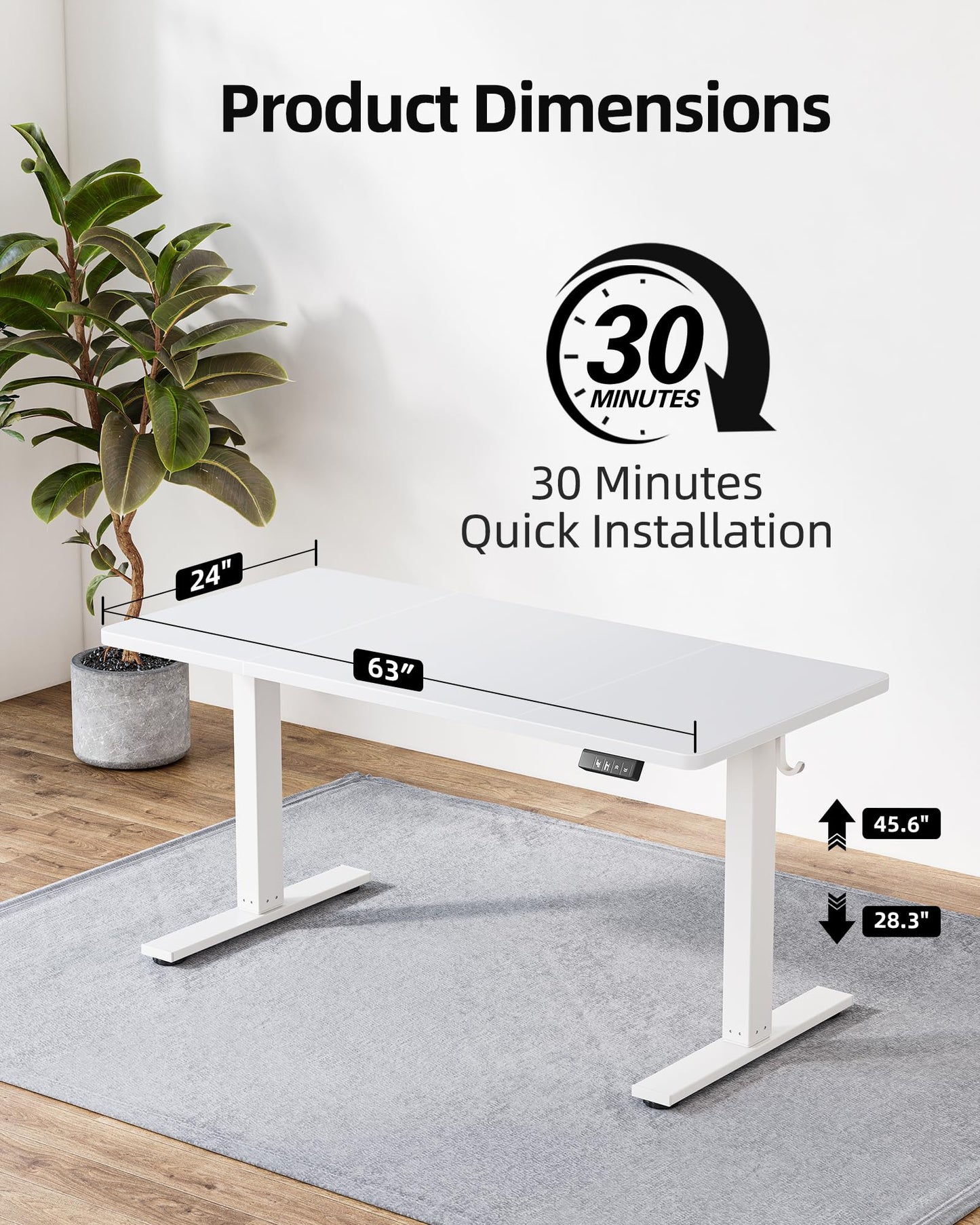 TIQLAB Standing Desk 63 x 24 inch, Electric Height Adjustable with Splice Board, Sit Stand Desk, for Home Office, White