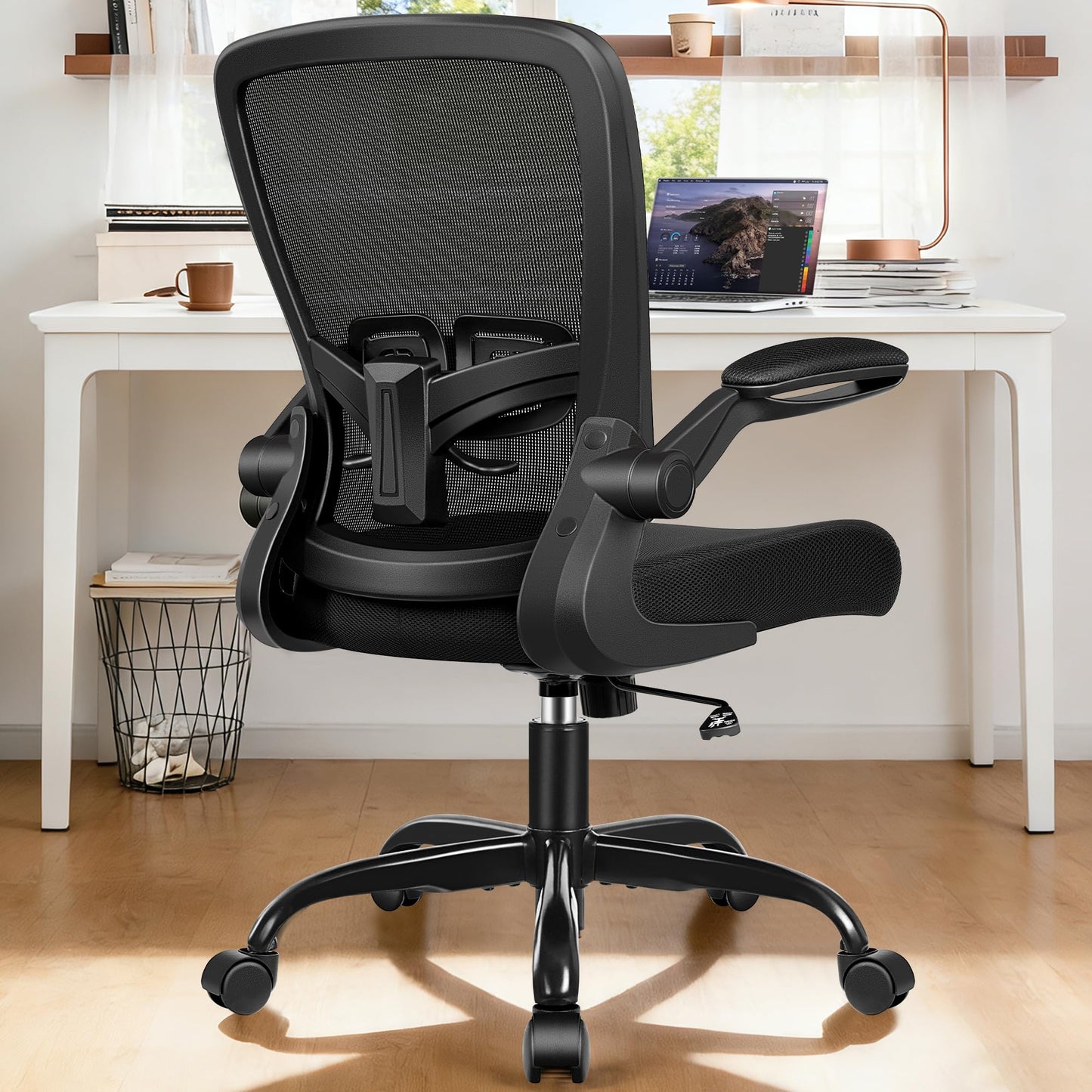 Ergonomic Office Chair 2026 - Mesh Desk Chair with Flip-up Armrests, Adjustable Height and Lumbar, 360° Swivel Comfortable Computer Chairs for Home, Conference Room, Reception, Max 350lbs, Black