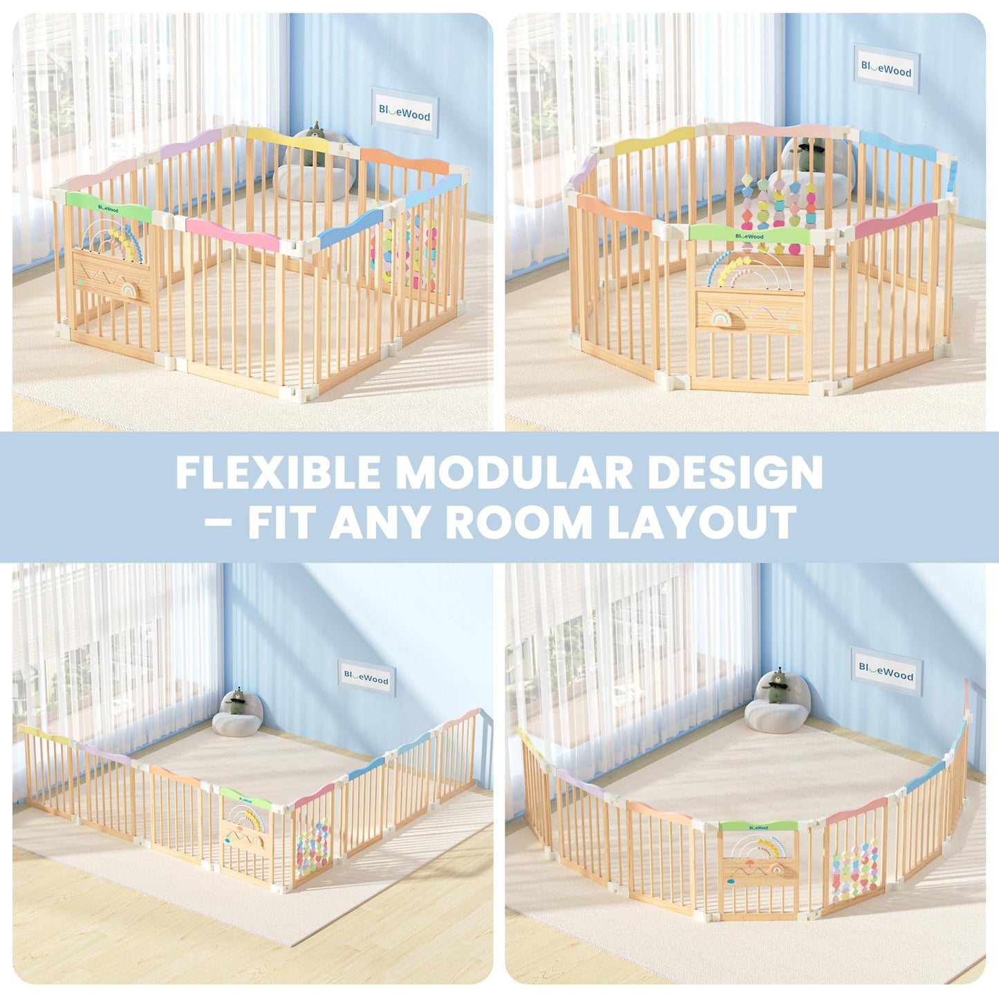 Foldable Wooden Baby Playpen - Adjustable Wood Play Yard, Indoor Large Safety Fence for Babies and Toddlers - Built-in Toys Design, 45 x 45 x 24 inches, Colorful Dream