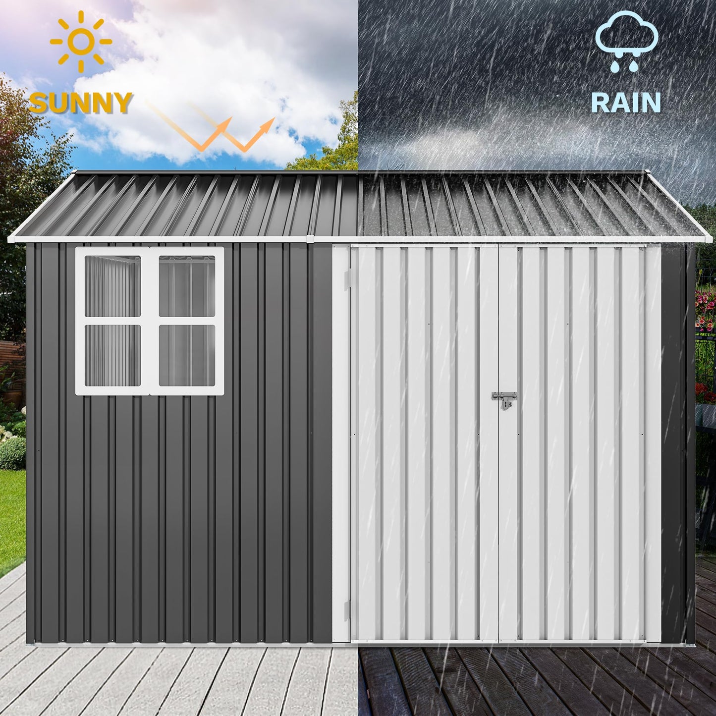 DWVO 10x8ft Large Tool Storage Shed with Window, Lockable Doors, and Sloped Roof, Oversized Steel Outdoor Storage Shed for Garden, Patio, Garage, Backyard, Lawn - Dark Gray
