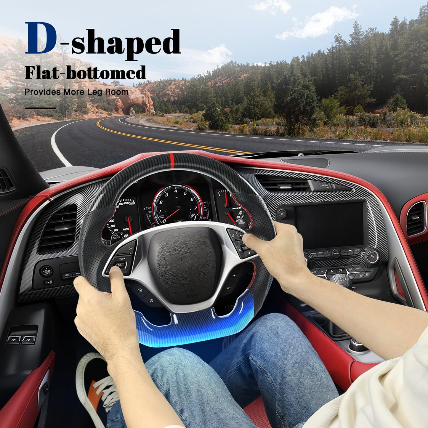 VOONKE Steering Wheel for Chevrolet Corvette C7 Black Hydro-Dip Carbon Fiber D-shaped Flat-bottom Preforated Leather Grip Steering Wheel for Corvette C7 2014-2019