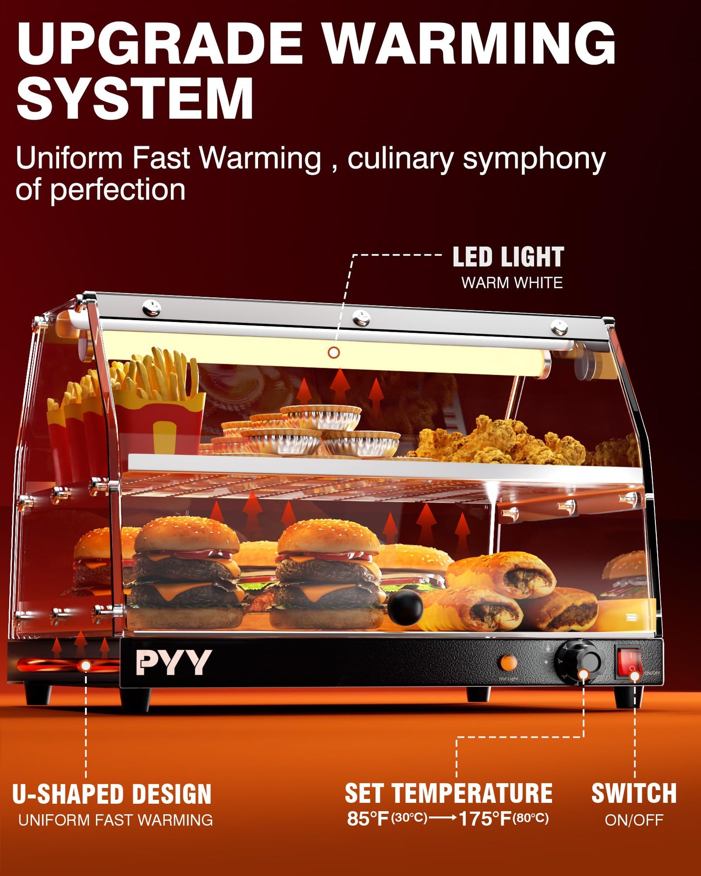 PYY Commercial Food Warmer Display, Electric Countertop Food Warmer with LED Lighting Adjustable Glass Door, 2-Tier Pastry Display Case for Buffet Restaurant Silver