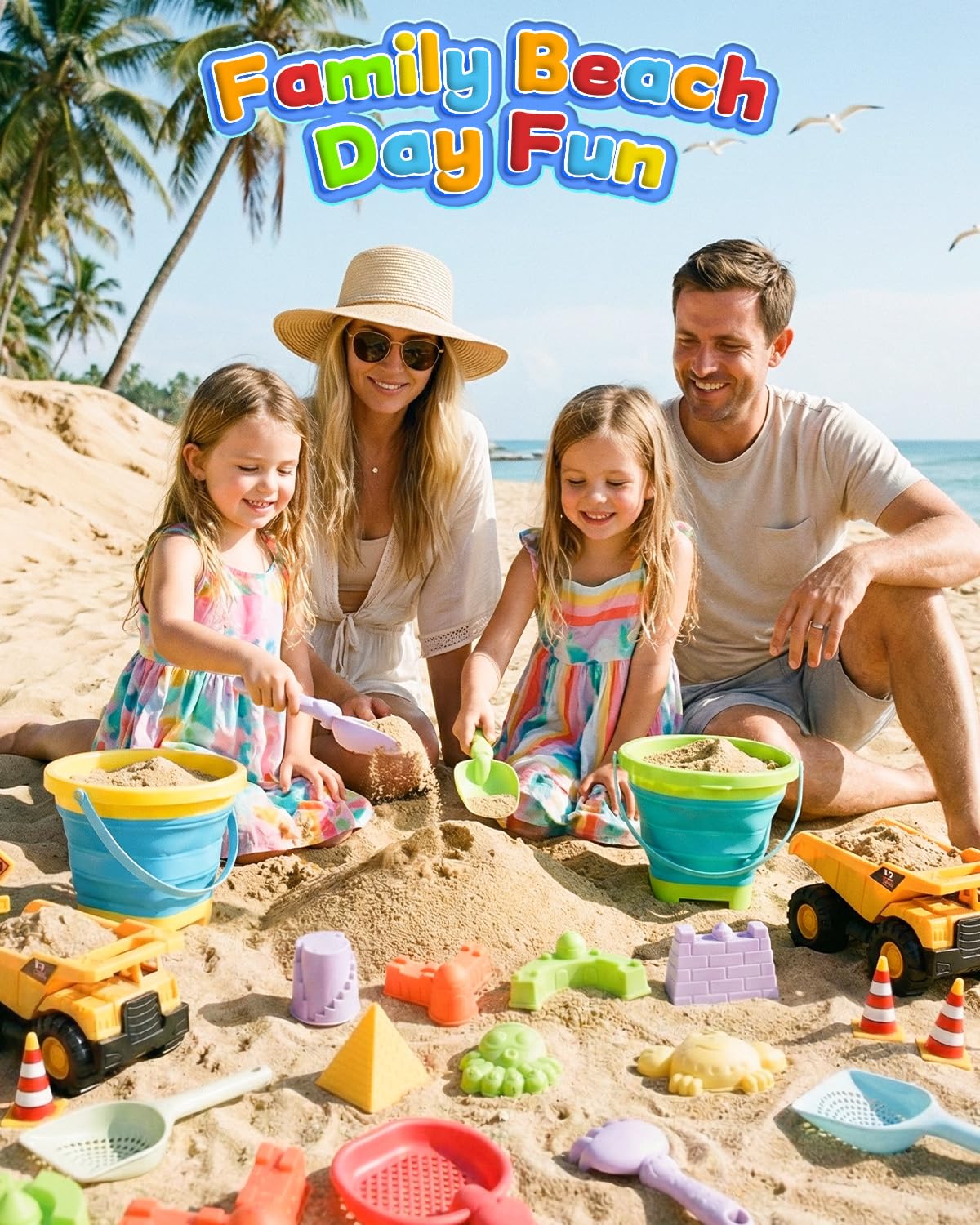 KONYXALU 30PCS Beach Toys for Kids Ages 3-10, All-in-One Sand Toy Set with 2 Collapsible Buckets, Mesh Bag for Easy Packing, Trucks, Sea Animal Molds, Shovels & Sieves for Beach, Sandbox & Snow Play