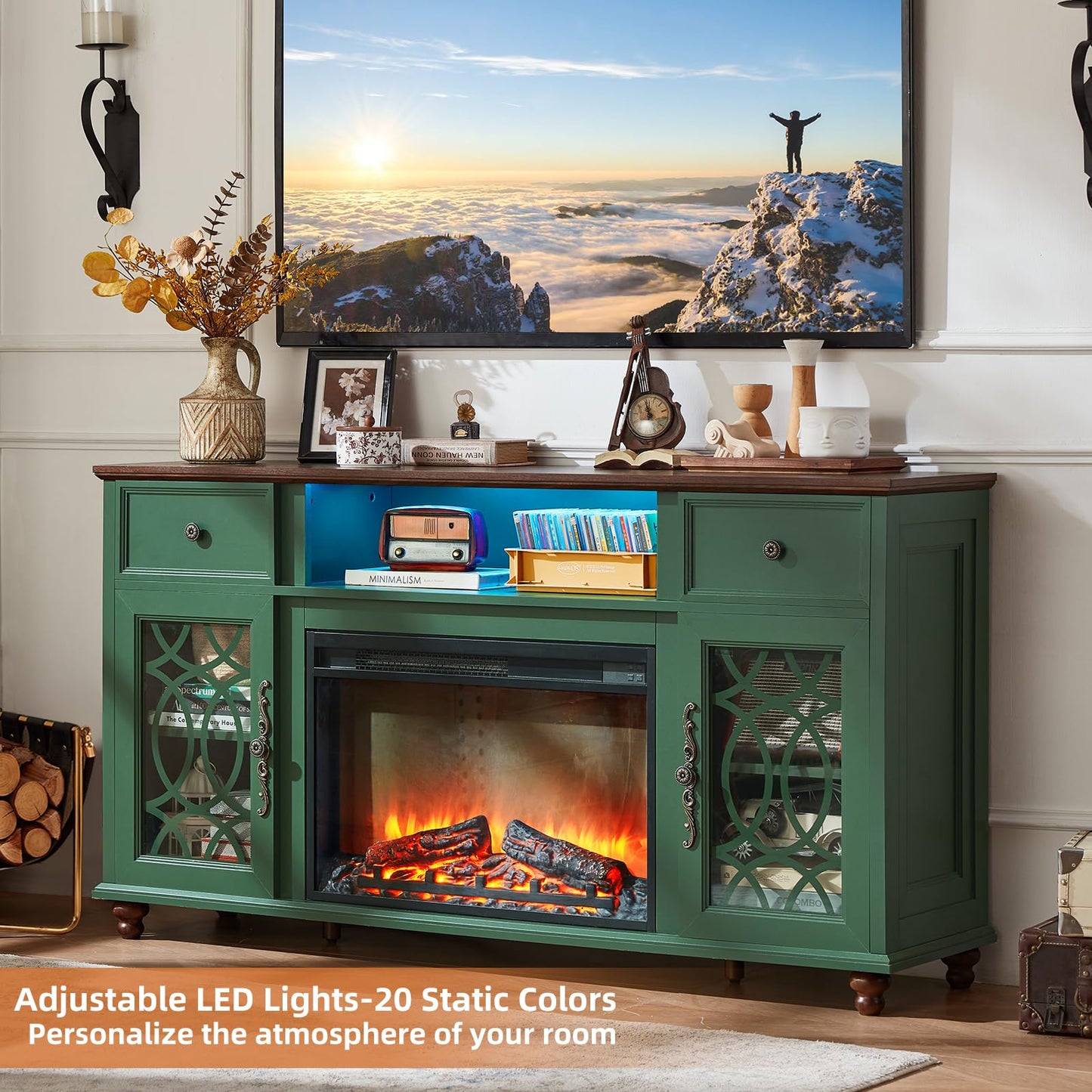 Joaxswe Farmhouse Fireplace TV Stand, 59" Entertainment Center with Electric Fireplace & LED Lights for TVs up to 65'', Glass Door Fire Place TV Stands for Living Room, Media Console w/Drawers,Green