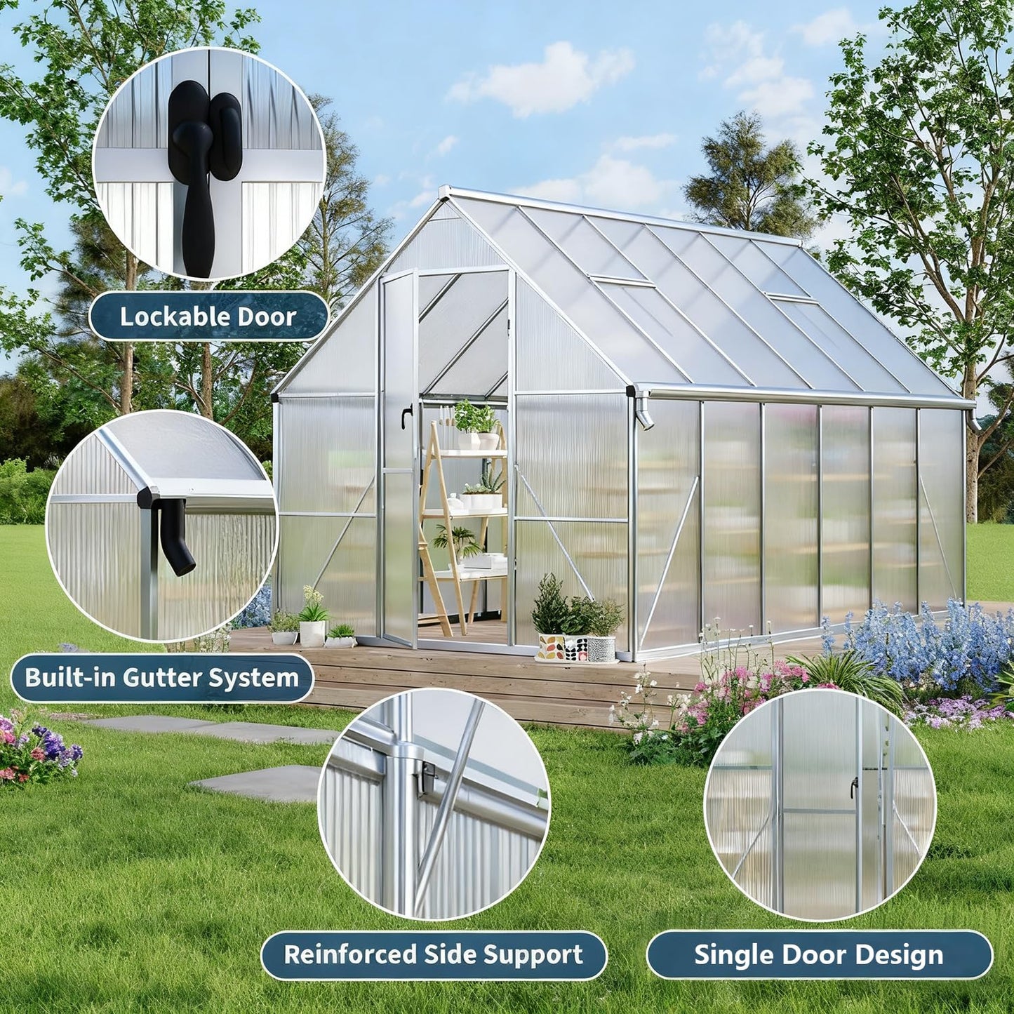 8x12ft Greenhouses for Outdoors, Polycarbonate Greenhouse with Roof Vent, Aluminum Frame Walk-in Greenhouse Kit for Backyard All Seasons Use