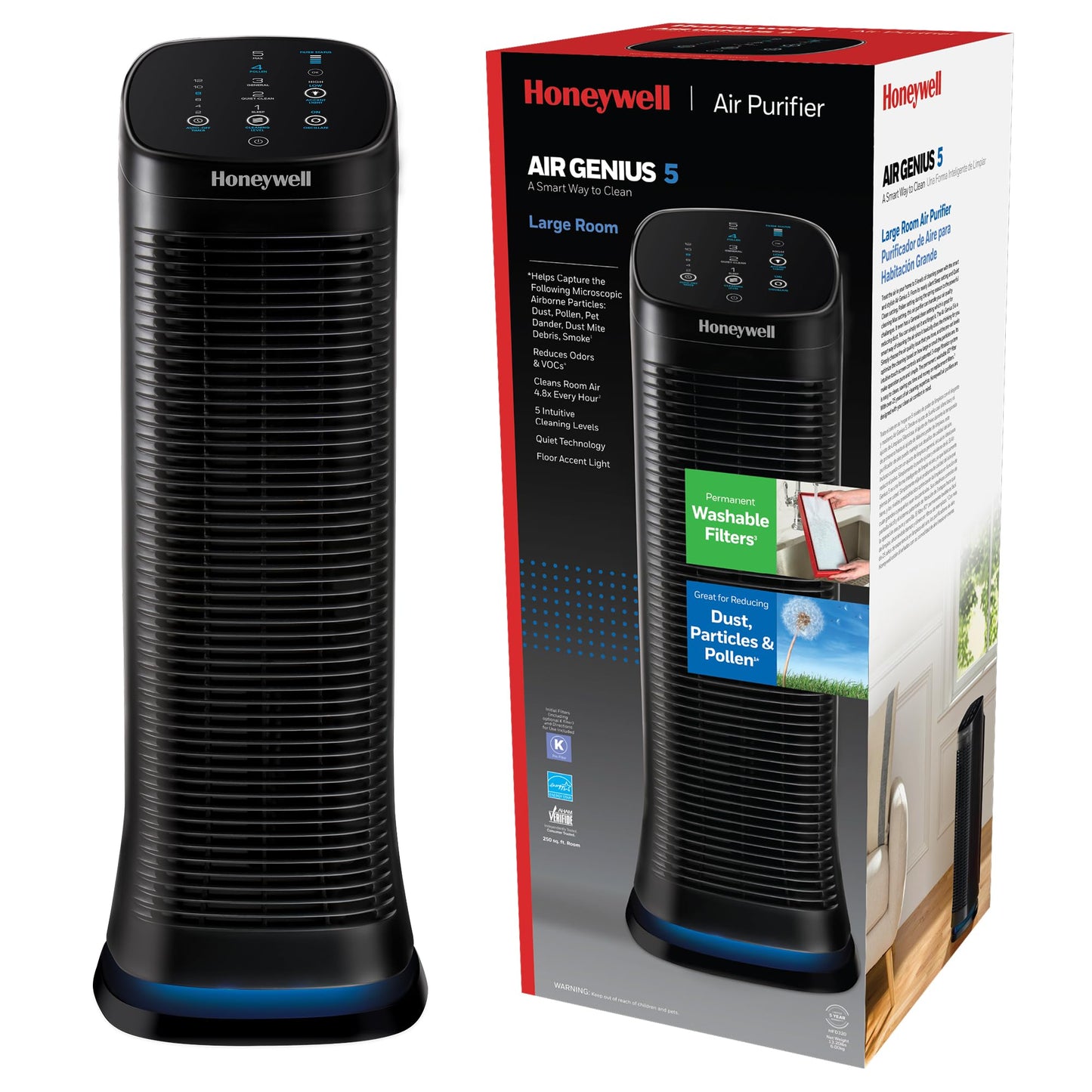 Honeywell Air Genius 5 Air Purifier for Large Rooms up to 1200 Ft², Permanent Washable Filters, Reduces Dust, Pollen, Pet Dander, Odors, Smoke, Black, HFD320