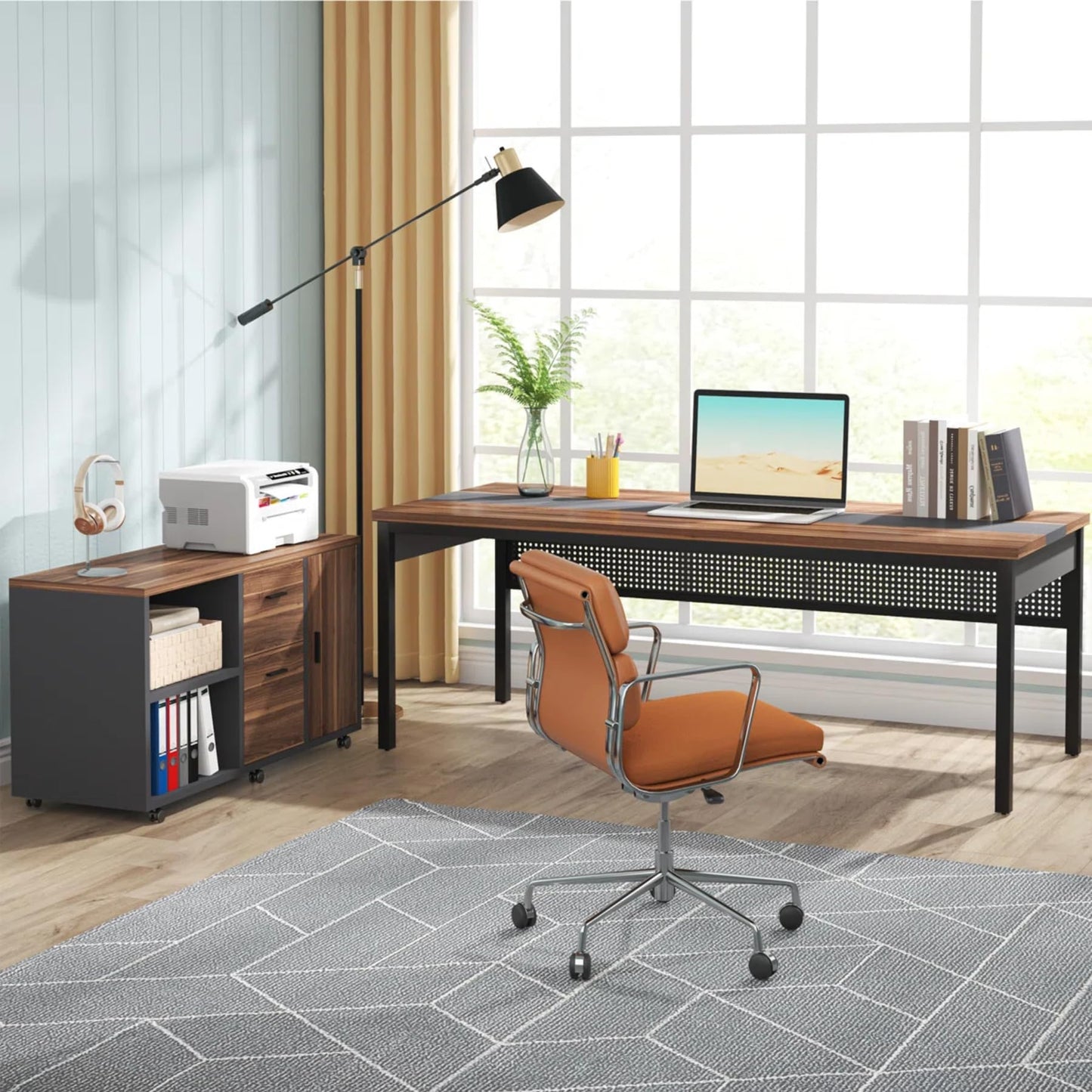 Tribesigns 71 inch Executive Desk, L Shaped Desk with Mobile File Cabinet, Executive Office Table with 2 Drawers and Storage Shelves, Business Furniture Workstation for Home Office, Walnut and Black