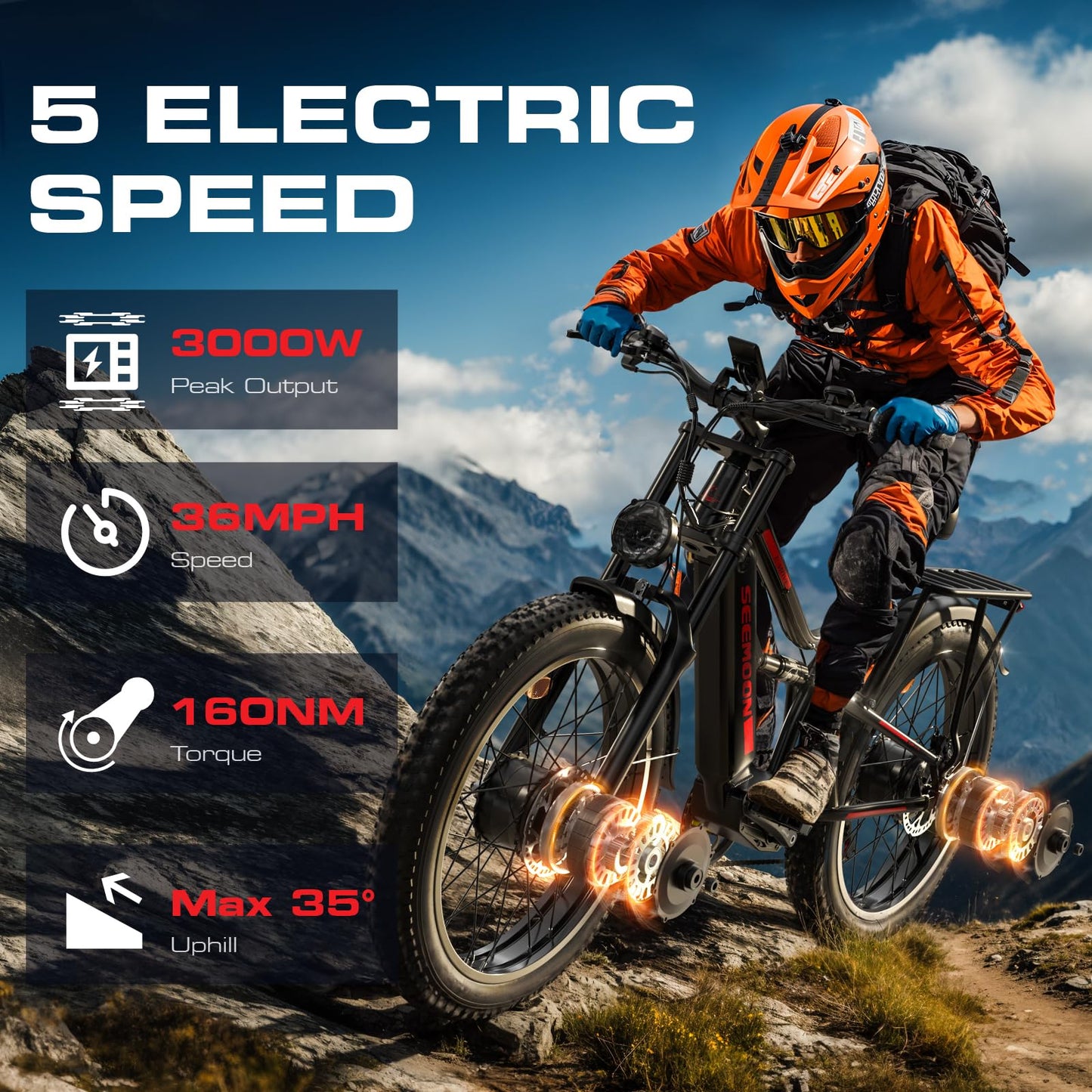 Seemoon Electric Bike for Adults, 52V 20Ah 26" Fat Tire Fast Ebike, up to 100 Miles, Hydraulic Brakes, Off-Road Mountain Hunting AWD Ebike for Men (Black)