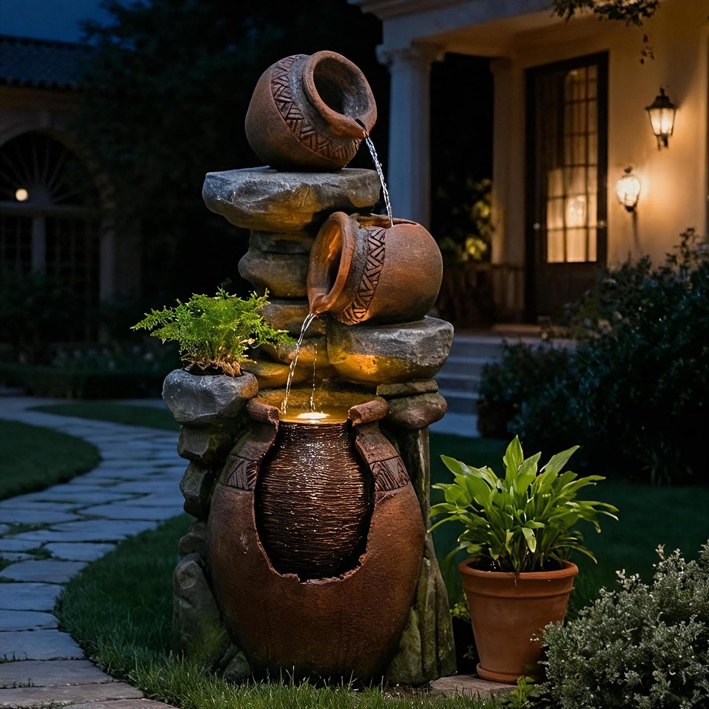 Bumilgar Outdoor Garden Water Fountain for Garden, Patio, Backyard, Deck, Porch and Home Art Decor, 3 Tiers Modern Cascading Outdoor Fountain with Lights 38.4" H