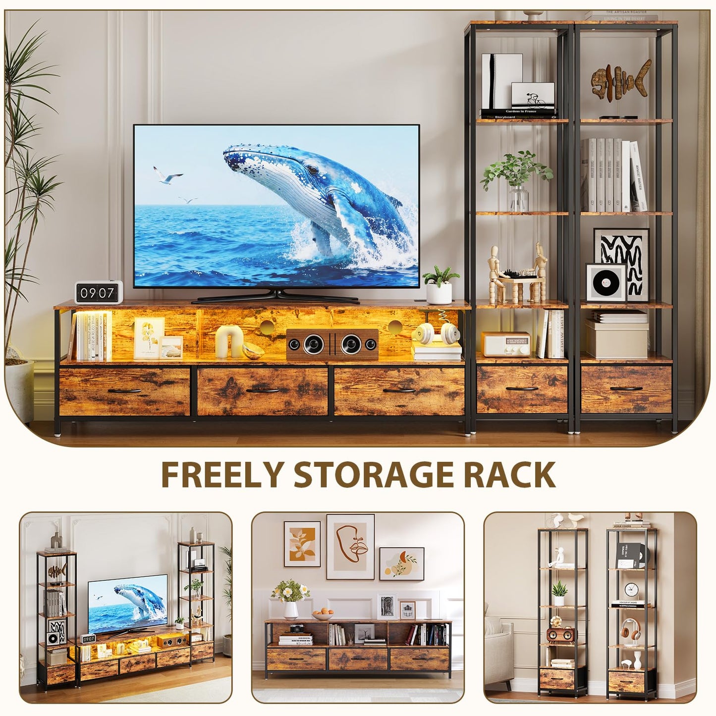Takywep Modern TV Stand with Bookshelf, Wood and Metal Compact Entertainment Center with Fabric Drawer, LED Lights & Charging Hub for Living Room