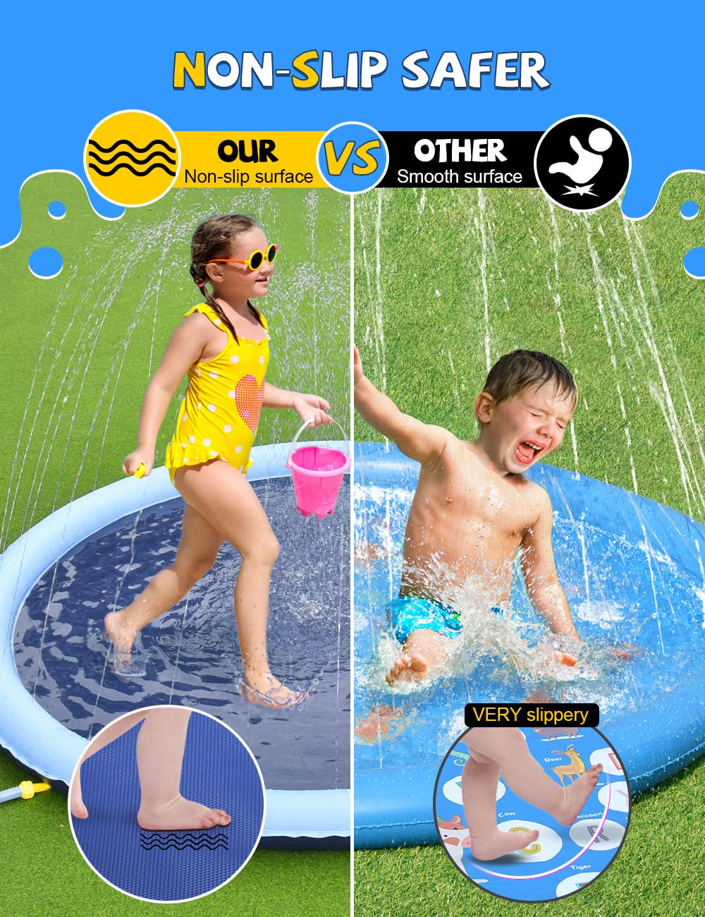 VISTOP Non-Slip Splash Pad for Kids and Dog, Thicken Sprinkler Pool Summer Outdoor Water Toys - Fun Backyard Fountain Play Mat for Baby Girls Boys Children or Pet Dog (87 inch, Blue&Blue)