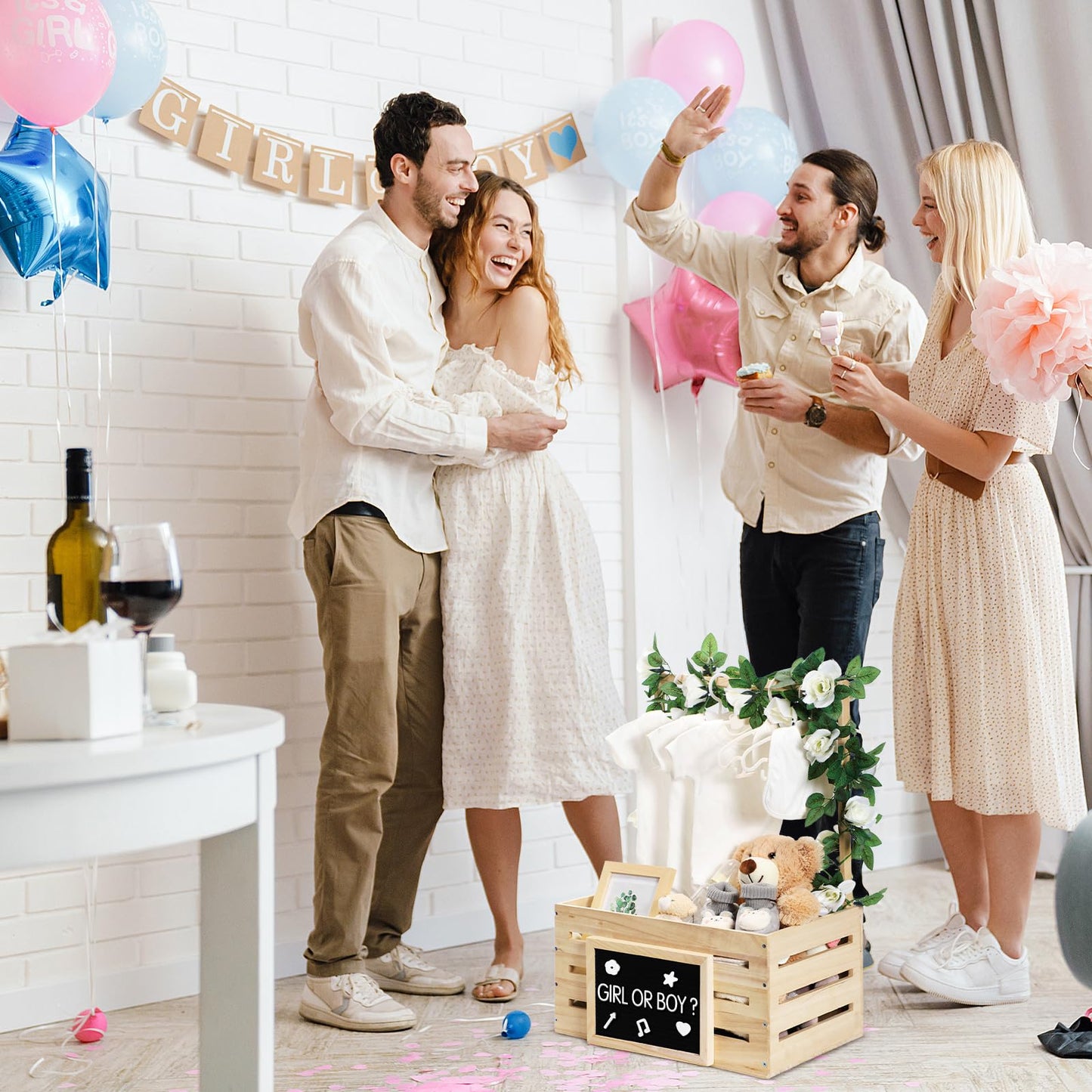 Barydat Wooden Baby Shower Crate Closet, Basket with Handle and Felt Letter Board Kit Garland Baby Shower Wooden Gift Crate Personalized Basket for Pregnancy Announcement New Parent(Wood)