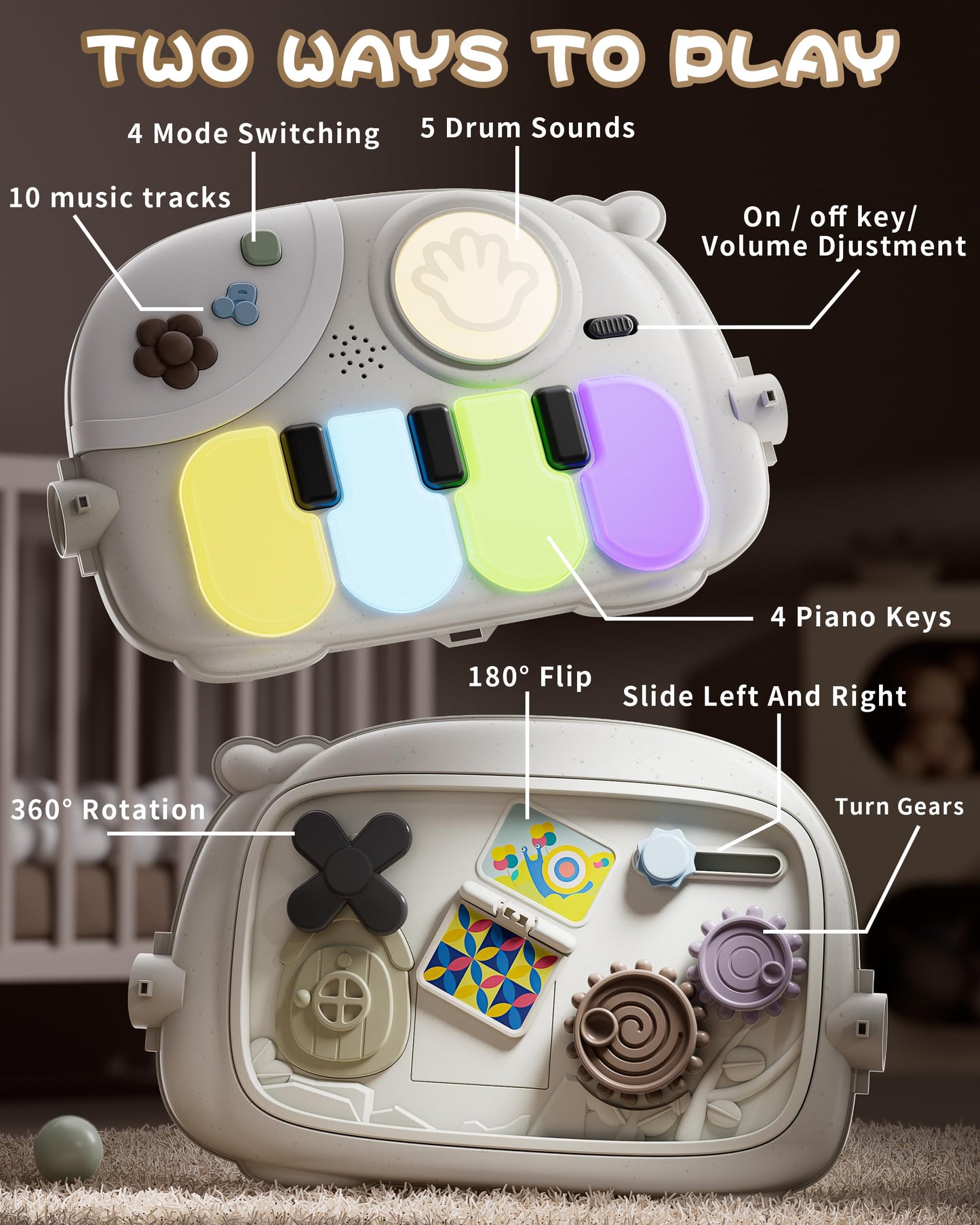 Jovow Baby Gym Play Mat with Detachable Musical Piano, Light Up Activity Center with 4 Rattles & Glowing Night Light, Educational Sensory Toys for Newborns 0-12 Months