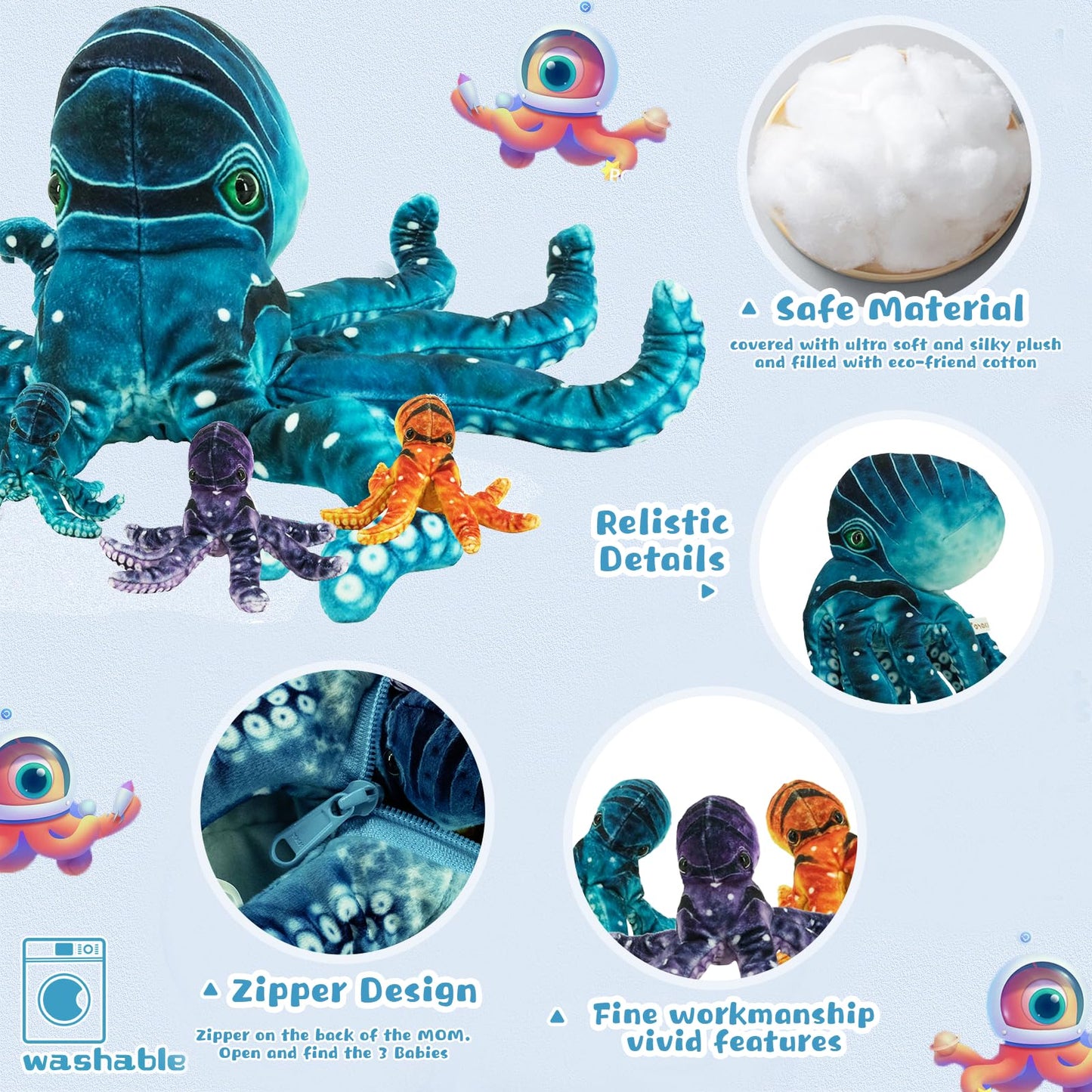 YOHAKI Octopus Stuffed Animal, 11''Marine Printed Octopus Plush Toys with 3 Baby, Soft Washable Toy Stuffed Marine Animal for Home Decor, Idea Gift for Kids Boys Girls Christmas Birthday Gifts (Blue)