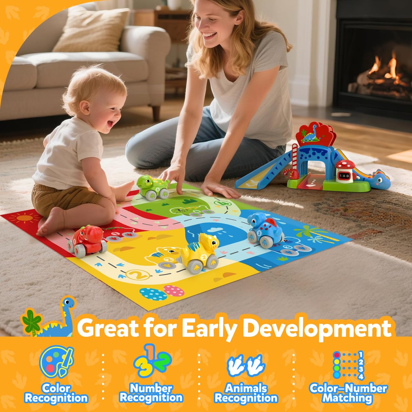 Toddler Toys for 1 2 Year Old Boy Gifts - Educational Dinosaur Slide Set with 4 Color/Number Push Cars and Playmat, Montessori Learning Toy for Baby 12-18 Months, 1st Birthday Present Ages 1-2, Red