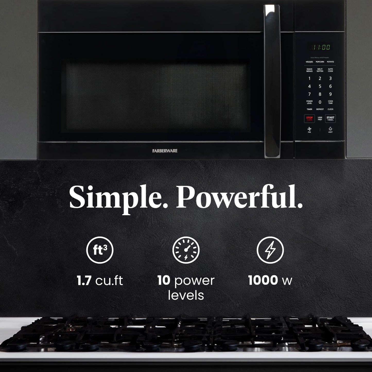 Farberware 1.7 Cu. Ft. Over-the-Range Microwave Oven – 1000 Watts Power, Auto Cook Settings, Defrost, Easy Clean and Child Safety Lock - Black