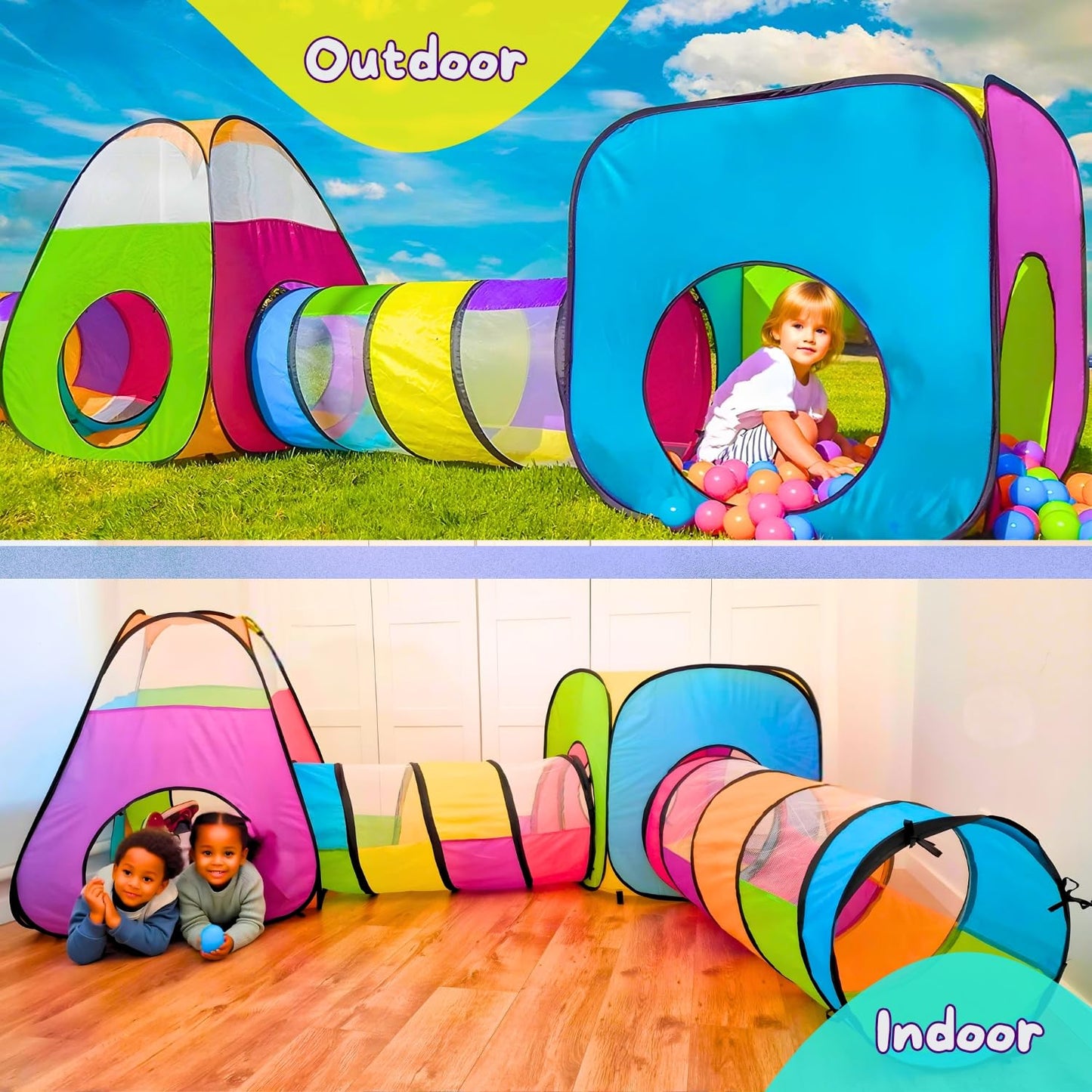 NUBUNI 4pc Pop Up Children Play Tent : 2 Crawl Tunnel + 2 Tents : Kids Tents for Boys, Girls, Babies & Toddlers for Indoor & Outdoor : Large Children Playhouse Ball Pit