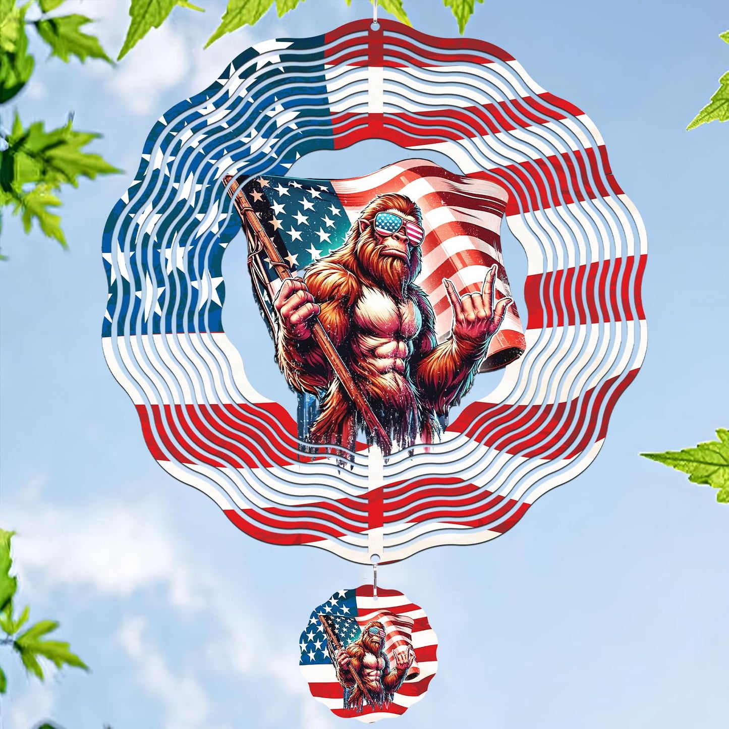 Big Foot Wind Spinners Outdoor - Bigfoot Gifts for Men, Bigfoot American Flag Wind Chime for Outside, Hanging Metal Wind Sculptures for Garden Indoor Patio Lawn Yard, Veterans Day