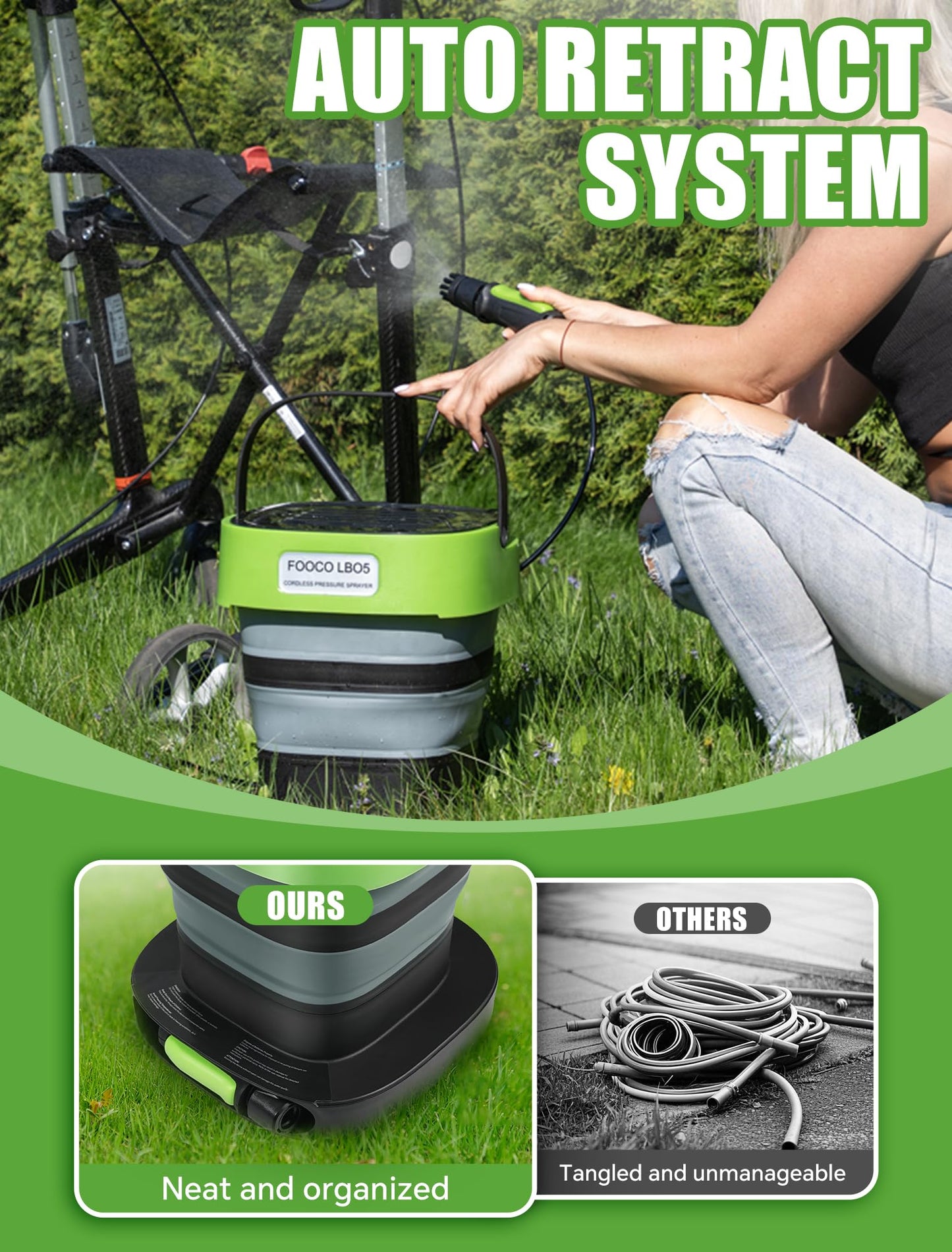 Portable Cordless Electric Sprayer with 3.2 Gal Water Tank, Auto-Retract & Any-Length Lock Hose Reel, Portable Pressure Washer for Rinseless Car Wash, HVAC Coil Cleaning, Pet Care, and Camping Shower