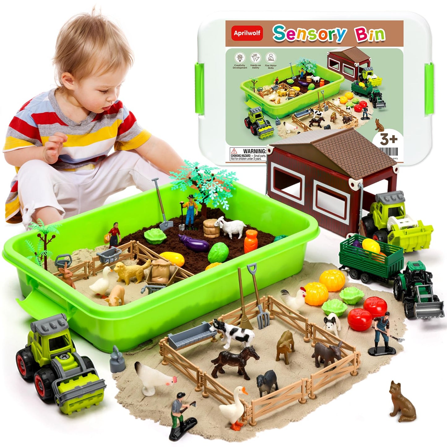 Aprilwolf 69 PCS Farm Sensory Bin Toys Playset, Sandboxes with Sand, Farmer Tractor & Farm Animals Figures Toys for Kids 3 4 5, Gifts for 6 7 Years Old Boys Girls Toddlers