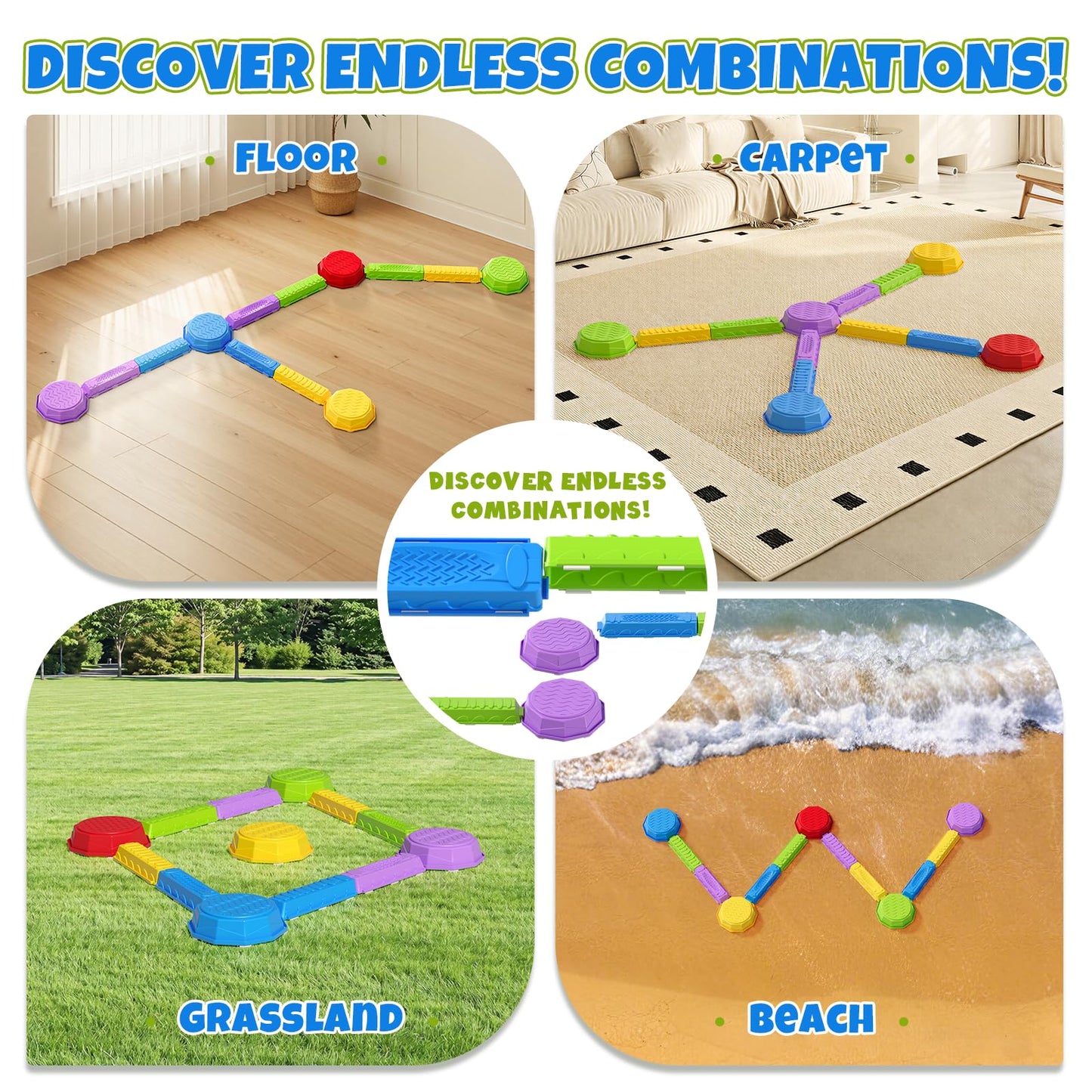 Wee Wonders Balance Beam Stepping Stones for Kids, Non-Slip Sensory Obstacle Course Toys for Toddlers, Stackable Balance Stones with Game Spinner & 30 Card, Indoor Outdoor Gifts for Boys Girls 3-5