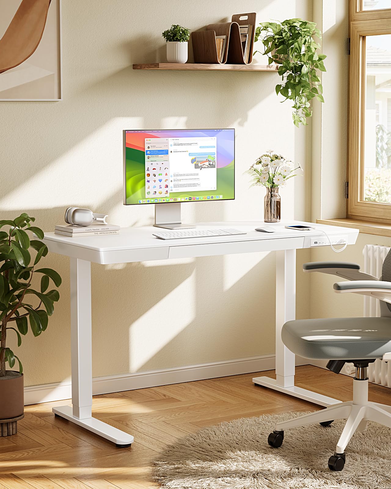 Marsail Standing Desk with Drawer, 48 x 24 inch Whole Piece Tabletop Electric Standing Desk, Height Adjustable Desk with USB Charging Ports, Sit Stand Desk with Storage for Home & Office White