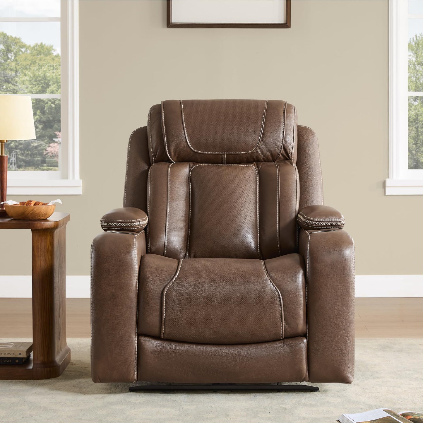 Watson & Whitely Genuine Leather Electric Recliner Chairs, Oversized Super Zero Gravity Recliner Triple-Motor W Adjustable Lumbar Headrest Support & Hidden Storage, Cafe Brown