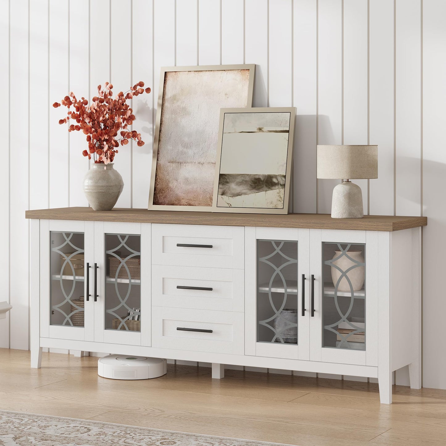 IDEALHOUSE Farmhouse TV Stand for 70 Inch, Mid Century Modern Entertainment Center with Glass Door, Television Stands 2 Storage Door and 3 Drawer with Shelves for Living Room Bedroom Rustic White