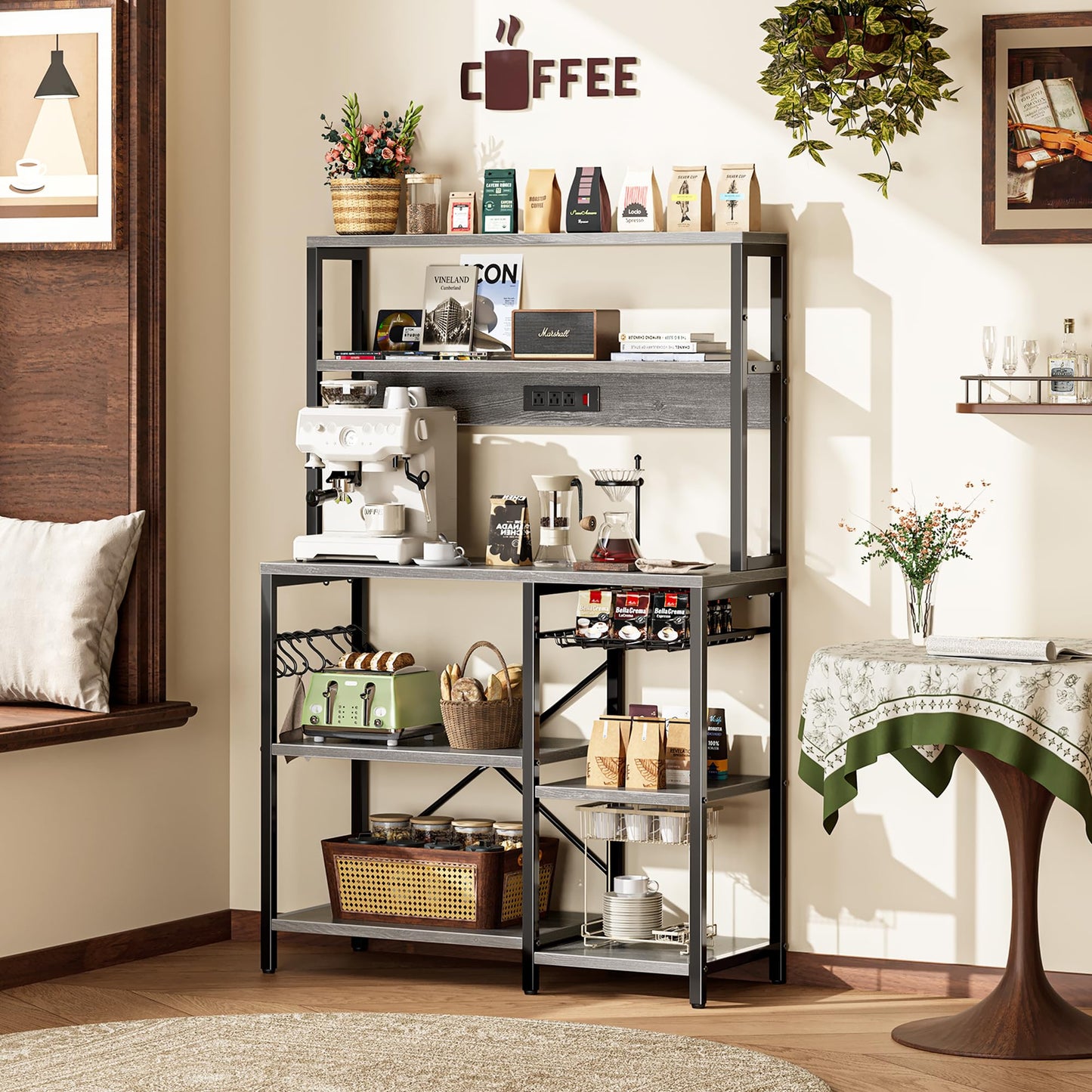 SUPERJARE Bakers Rack with Power Outlet, 35.4 Inches Coffee Bar with Wire Basket, Kitchen Microwave Stand with 6 S-Shaped Hooks, Open Storage Shelves, Charcoal Gray