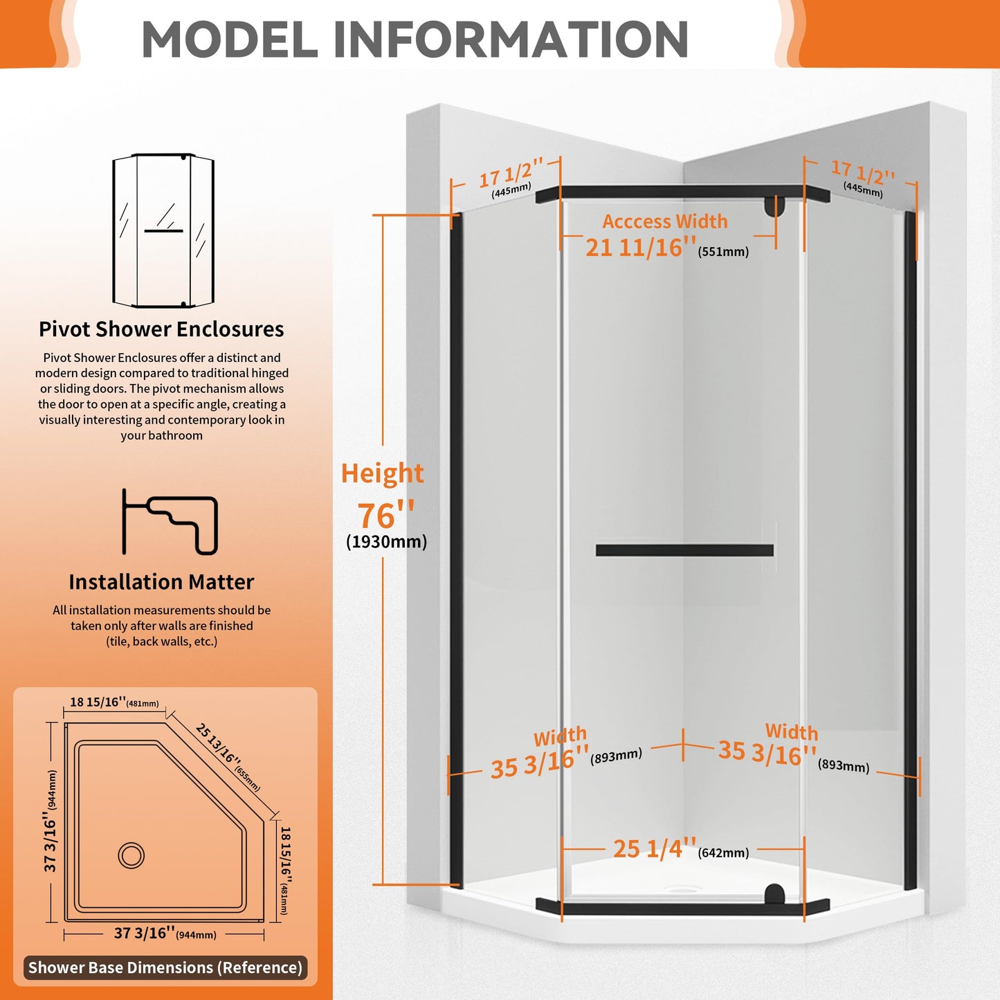 CKB Pivot Shower Door, 36" D x 36" D x 76" H, 1/4" ANSI Tempered Glass with Easy-Clean, Reversible Left or Right Corner Shower Glass Door. with Stainless Steel Towel Bar. Matte Black
