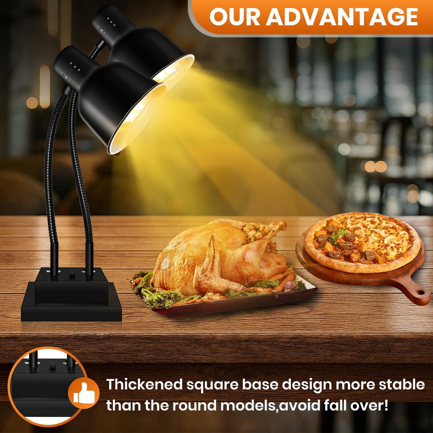 FUXULLACO Food Heat Lamp, Commercial Food Warmer 550W Dual Head Heat Lamp for Food, Stainless Steel Catering Food Warming Lamp for Kitchen Restaurant Cafeteria