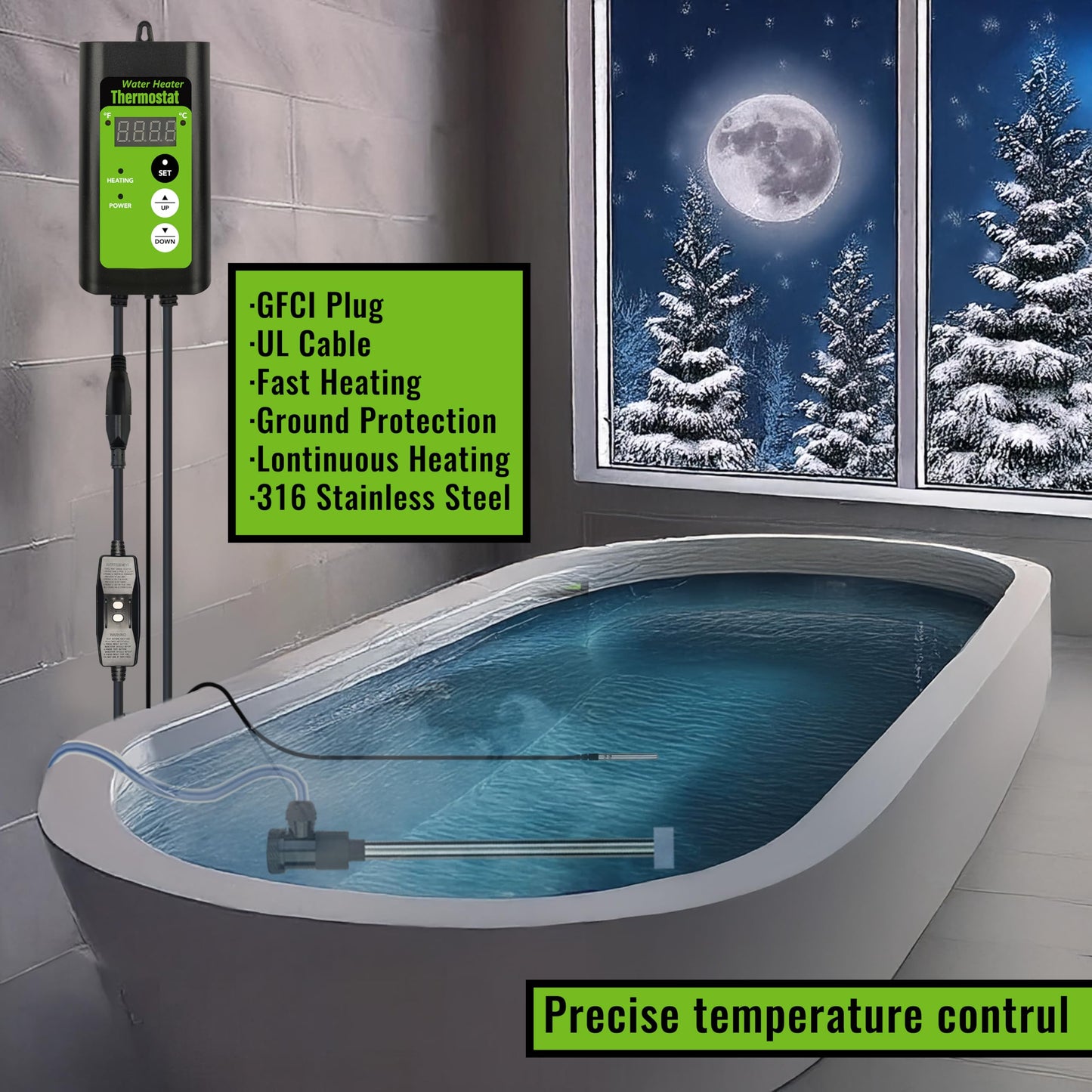 LINGLONGTEMP 2000W Submersible Hot Tub & Pool Portable Electric immersion Water Heater with Temp Control & GFCI for Swimming Pools, Bathtubs, inflatable pool, baptism pool, above ground pool & Spa tub